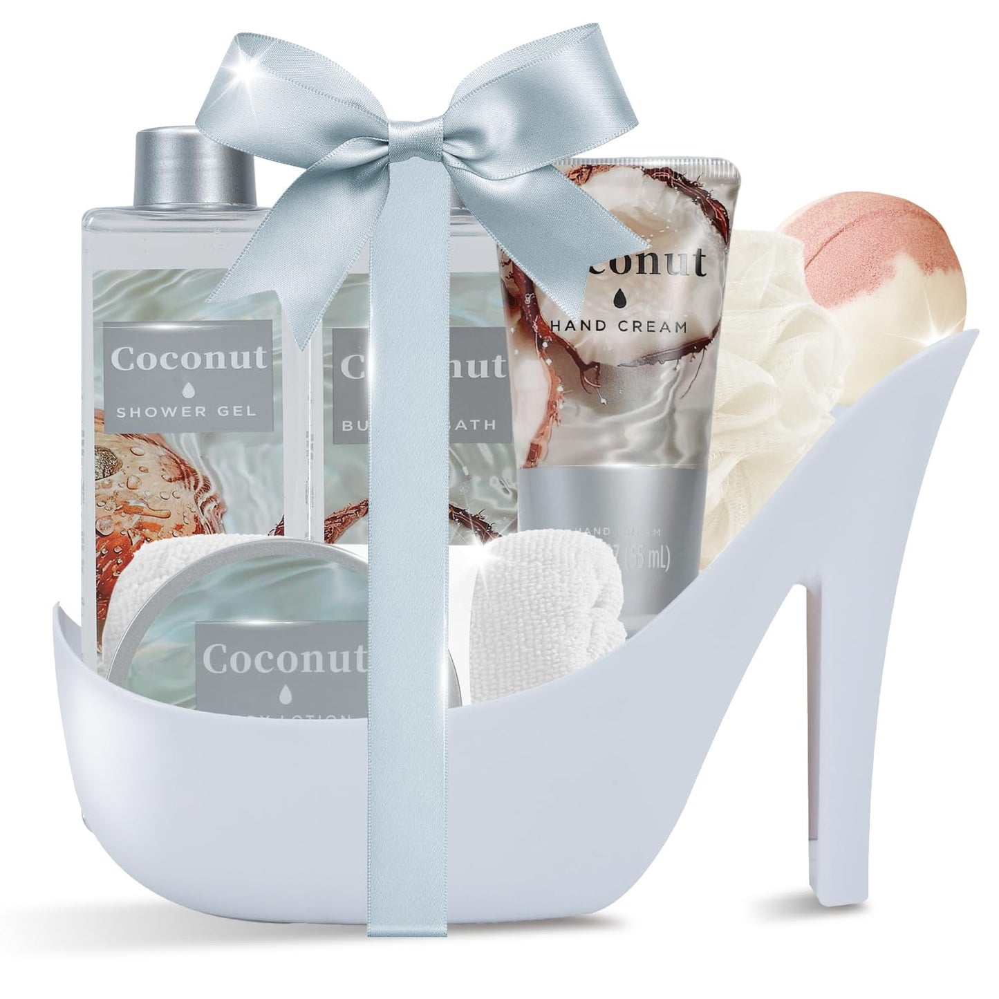 Tropical Coconut Christmas Gifts for Women Spa Basket, High Heel Bath Set with Shea Butter & Exotic Oils, Mother's Day Gifts for Mom, Her, Wife