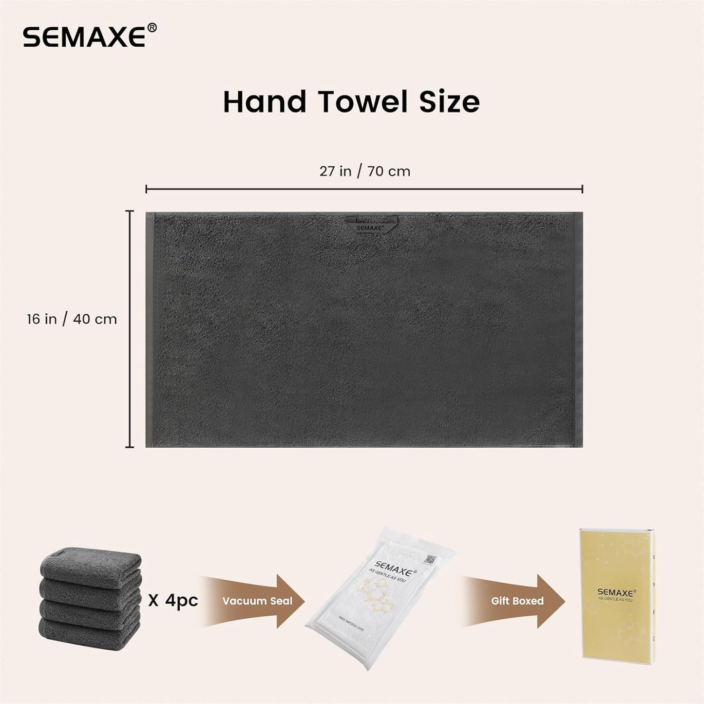 SEMAXE Hand Towel for Bathroom Set, 4 Piece 100% Cotton Gray Towels with Hanging Loops, Hotel Spa Quality Absorbent Towels, 27" L x 16" W, Gift Box Packaged