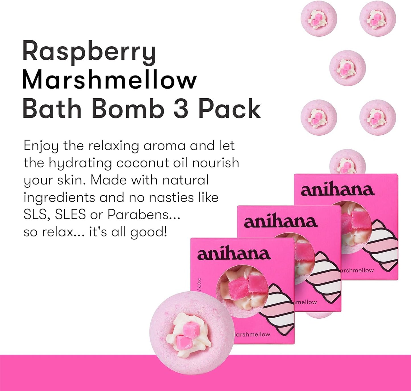 ANIHANA Bath Bombs with Coconut Oil, Paraben Free, Hand-Crafted Luxury Fizzers, Refreshing Raspberry Marshmellow Scent, 6.3 oz Each, 3 Pack