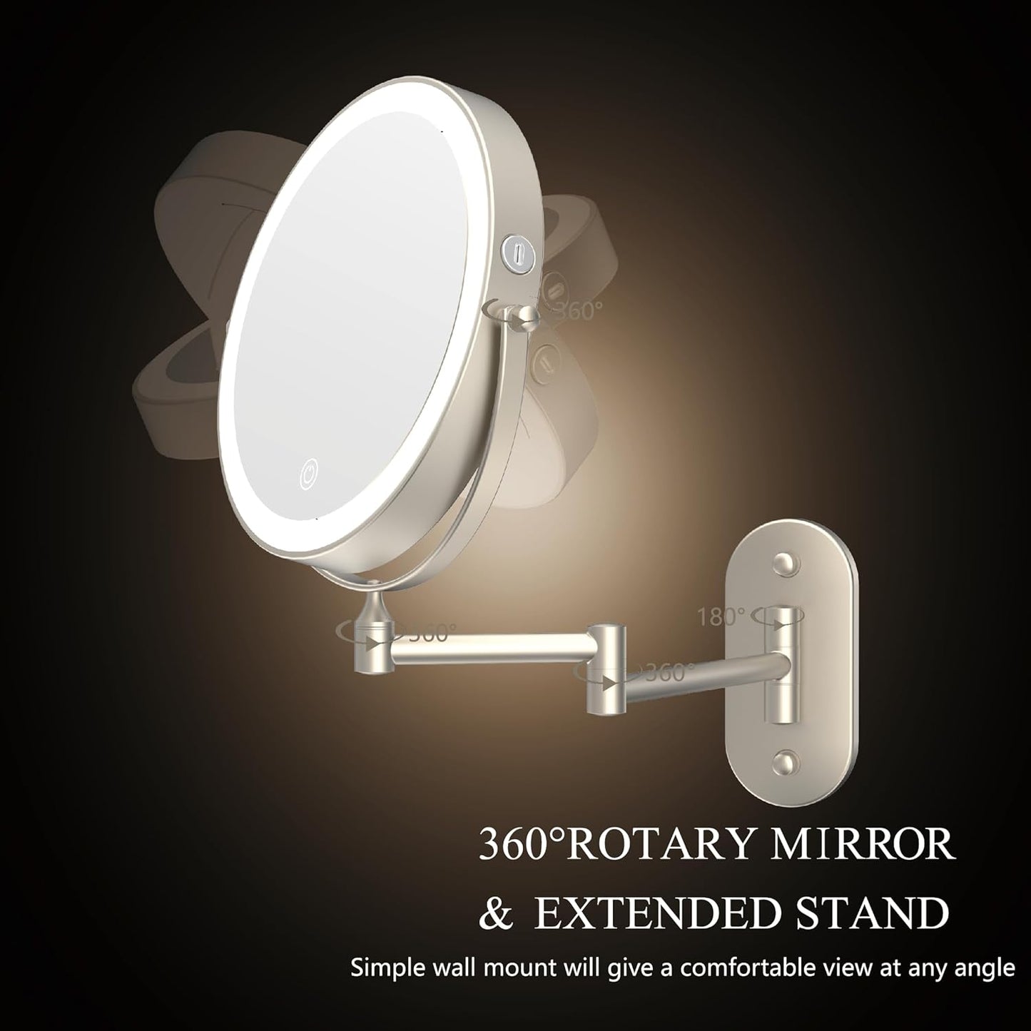 Rechargeable Wall Mounted Lighted Makeup Vanity Mirror 8 Inch Double Sided 1X 10X Magnifying Bathroom Mirror, 3 Color Lighting, Touch Screen Dimming, 360 Rotation Shaving Mirror