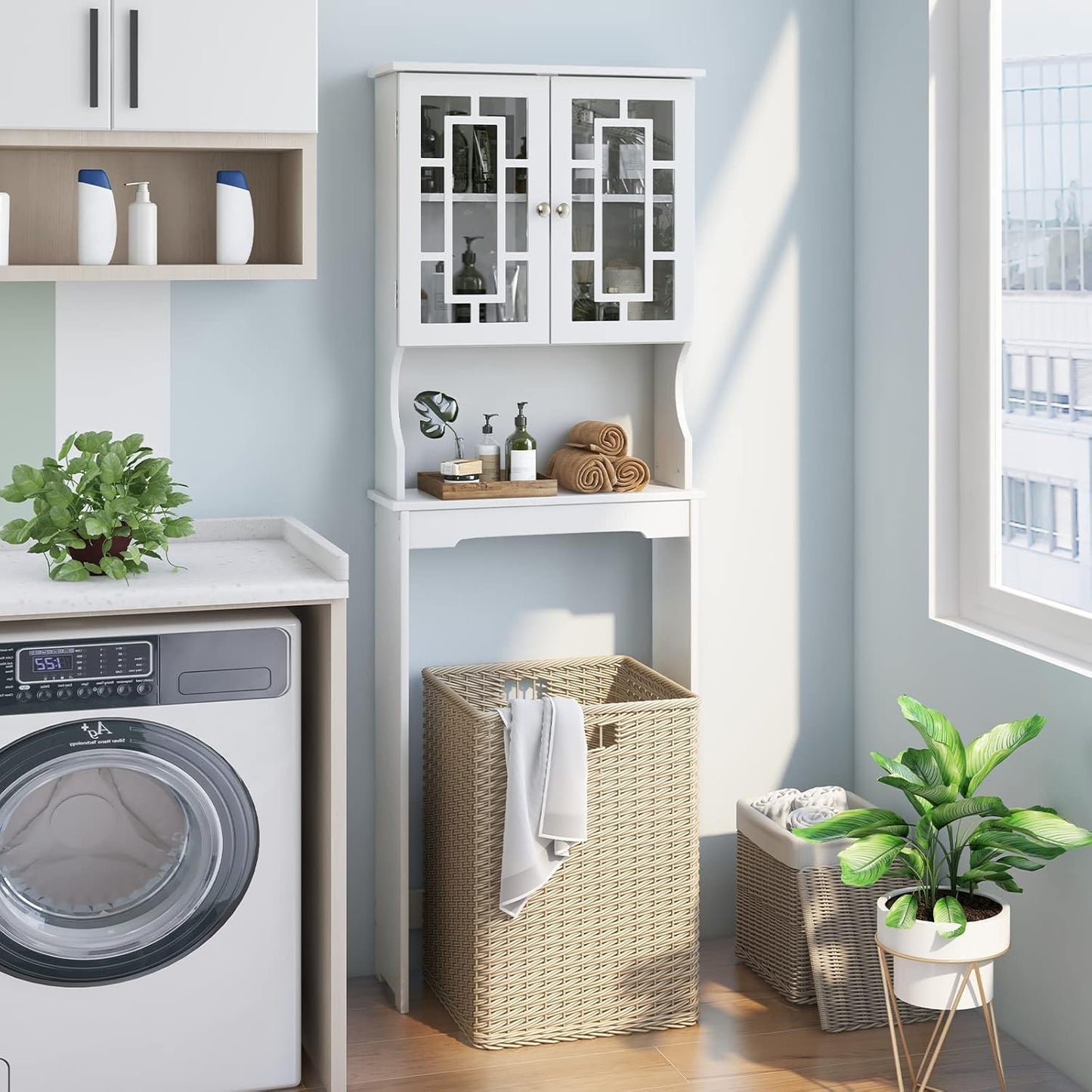 BestComfort Over The Toilet Storage Cabinet, Home Bathroom Space Saver Organizer Above Toilet, Double Doors and Adjustable Shelf, Wooden Freestanding Toilet Storage Rack Unit, 67 in H (White)
