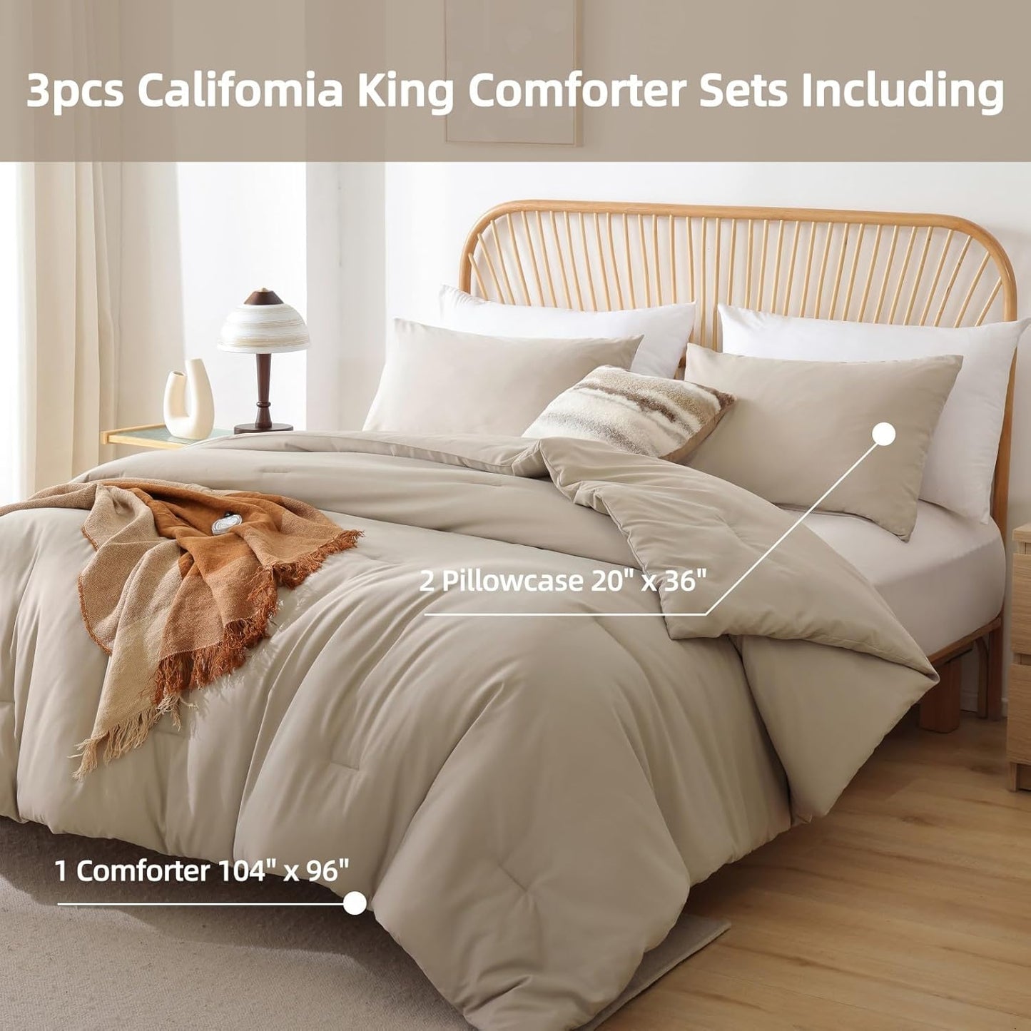 ROSGONIA California King Comforter Set Light Khaki, 3pcs (1 Boho Cal King Comforter & 2 Pillowcases) All Season Lightweight Bedspread Bedding Blanket