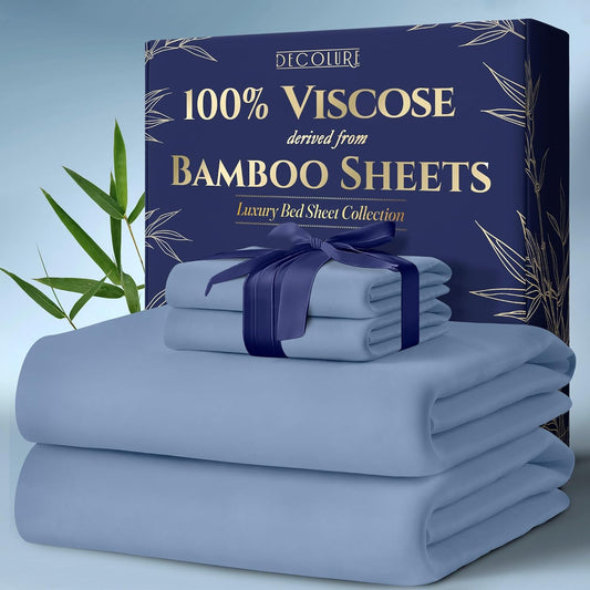 DECOLURE 100% Viscose Derived from Bamboo Sheets Queen Size 4pcs - Ultra Soft & Luxuriously Cooling, 17" Deep Pocket, Double Stitching, Perfect for Hot Sleepers - Queen Bed Sheets (Light Blue)