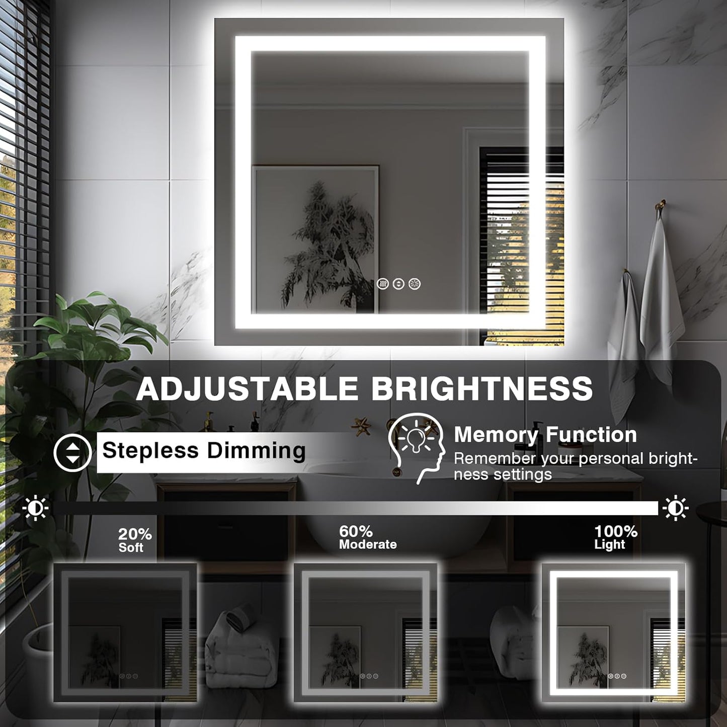36"x36" Square LED Bathroom Mirror - Front & Backlit, Anti-Fog Vanity Mirror with Stepless Dimmable Lights, 3 Color Smart Mirror (Horizontal/Vertical)