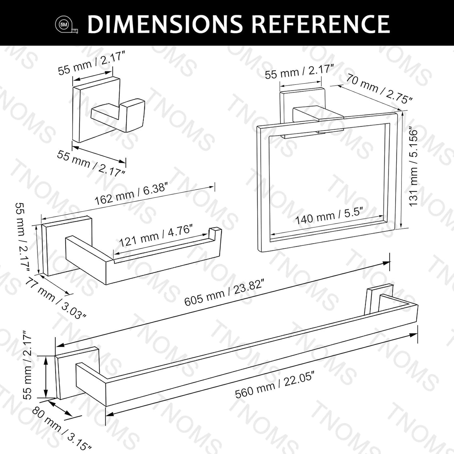 TNOMS Bathroom Towel Bar Set 5 Pieces Brushed Nickel Square Modern Bathroom Hardware Set,Stainless Steel Wall Mounted 23.6-Inch