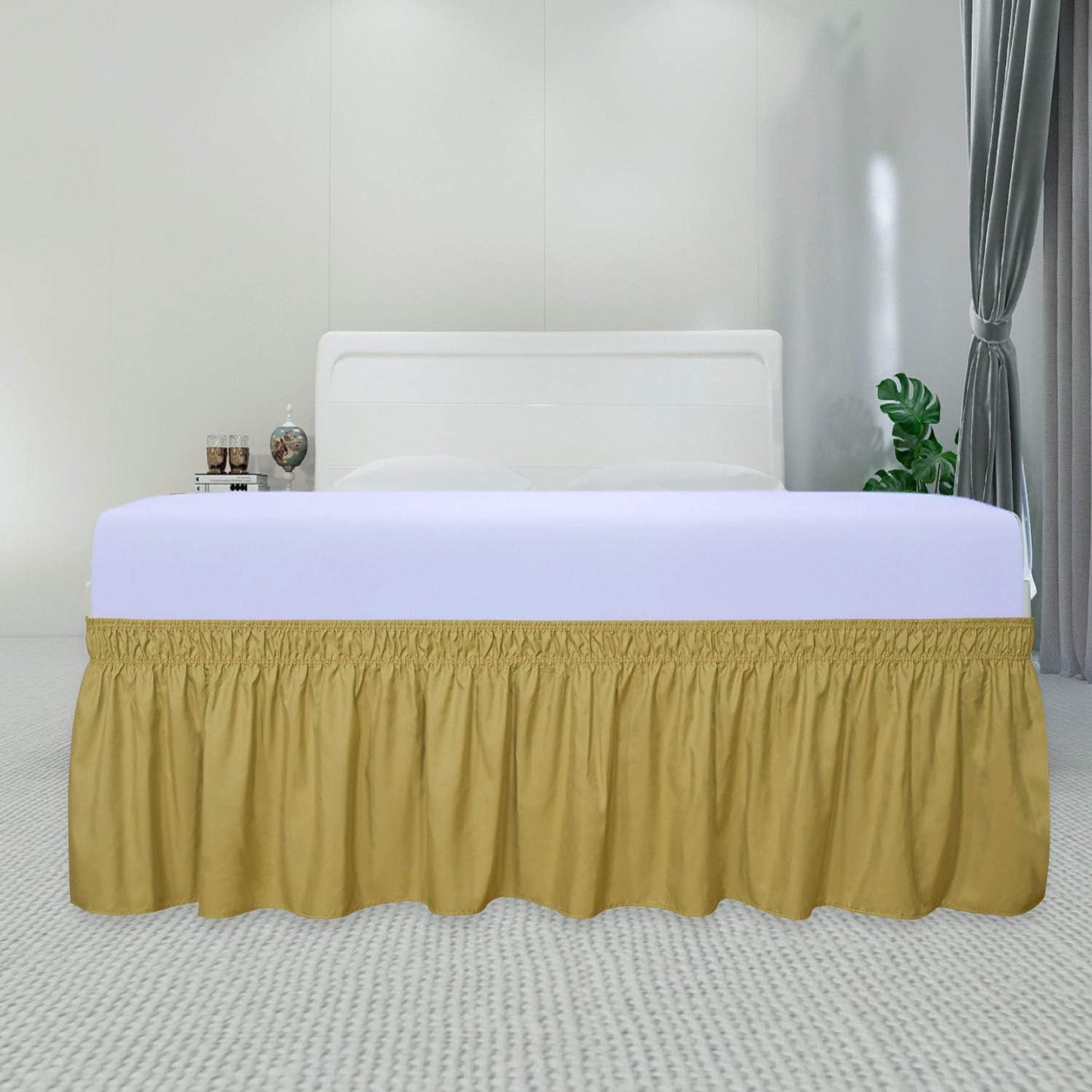 PureFit Wrap Around Ruffled Bed Skirt with Adjustable Elastic Belt - 22 Inch Drop Easy to Put On, Wrinkle Free Bedskirt Dust Ruffles, Bed Frame Cover for Queen, King and C-King Size Beds, Gold