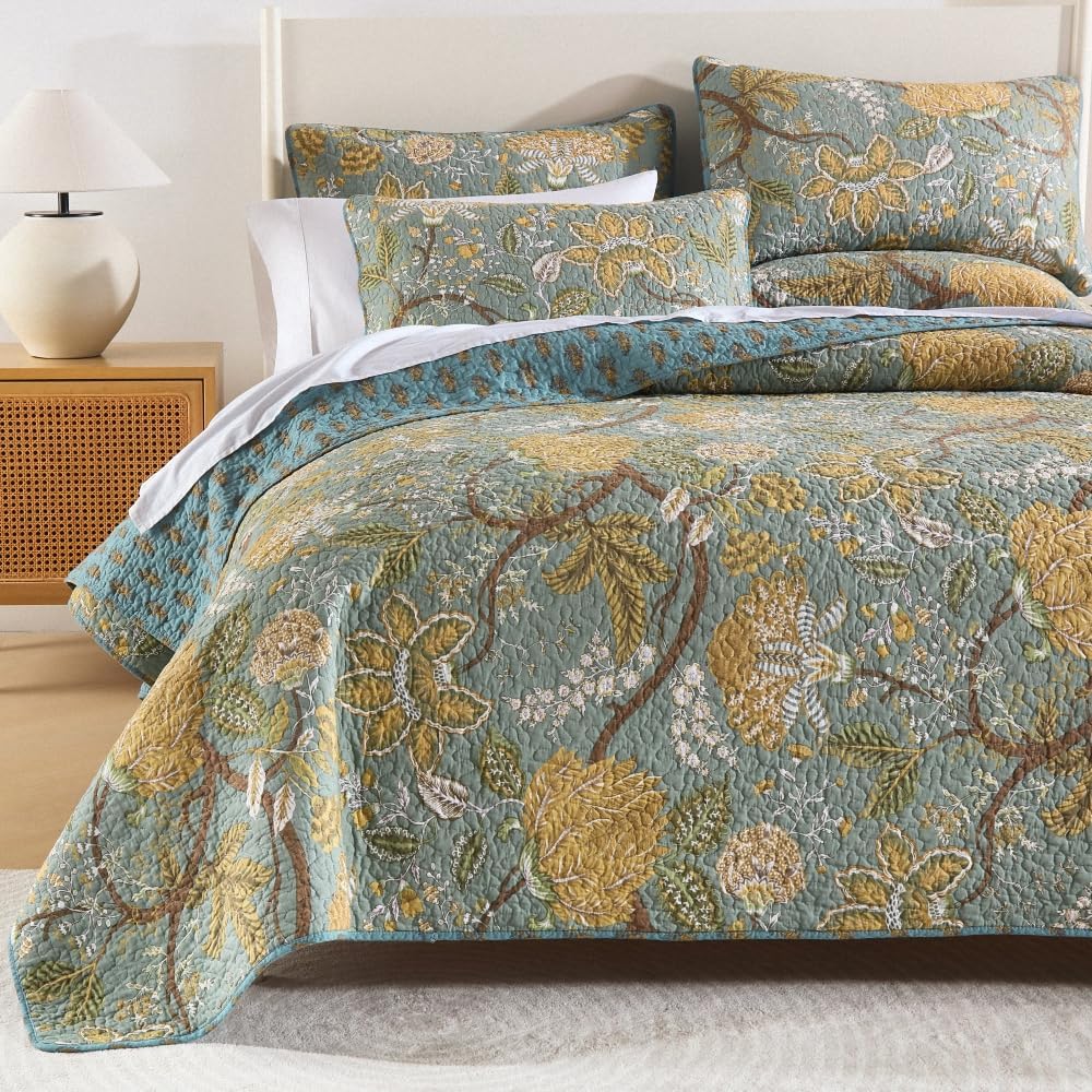 Cotton Bedspread Bedding Coverlet Quilt Sets, Reversible Vintage Branch Floral Bedspread comforters, (Rustic Sage Green Floral Pattern, Queen Size)
