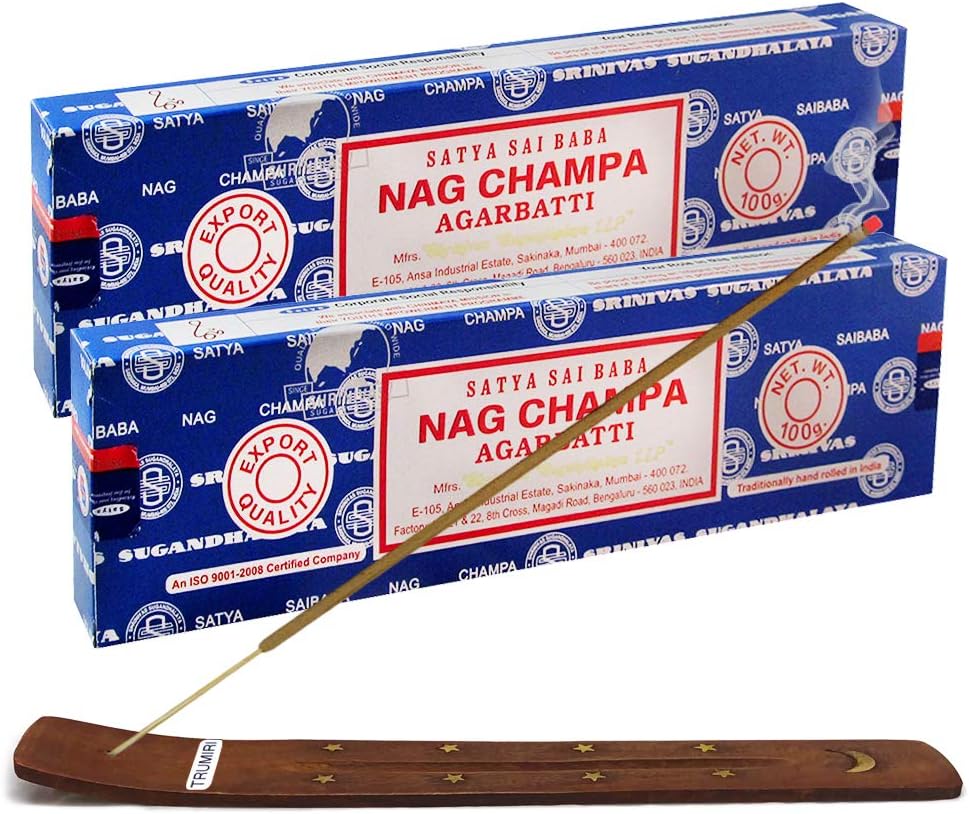 TRUMIRI Incense Stick Holder Bundle with Satya Sai Baba Nagchampa 100g Incense Sticks - Pack of 2 (Approx 200 Sticks)