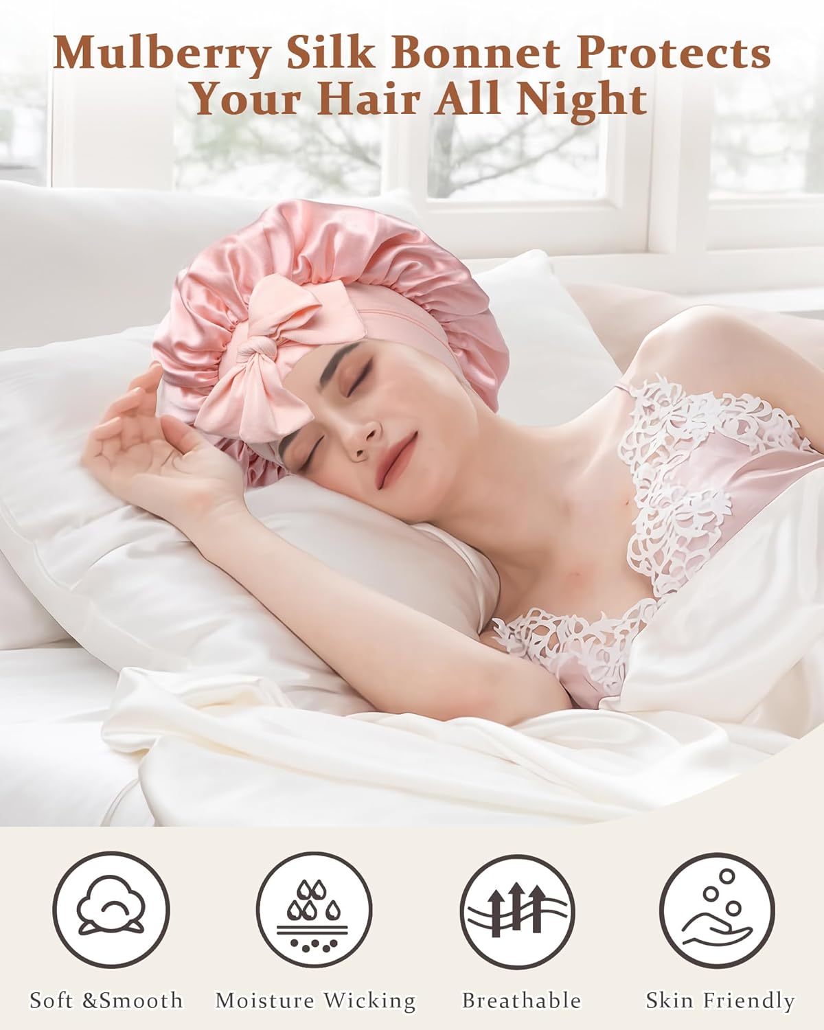 100% Mulberry Silk Bonnet for Sleeping Women Double Layer Silk Hair Bonnet Natural Silk Sleep Cap with Elastic Reversible Hair Wrap (Pink+Beige)