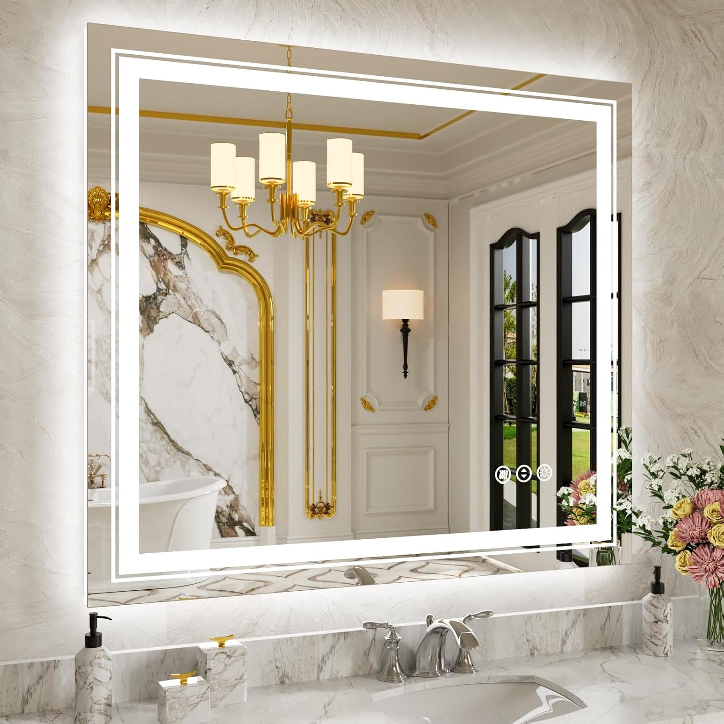 WTTY LED Bathroom Mirror 40"x36" with Back and Front Light,Modern LED Mirror for Bathroom,Stepless Dimmable Lighted Bathroom Vanity Mirror with Anti-Fog,Memory Function,Shatter-Proof