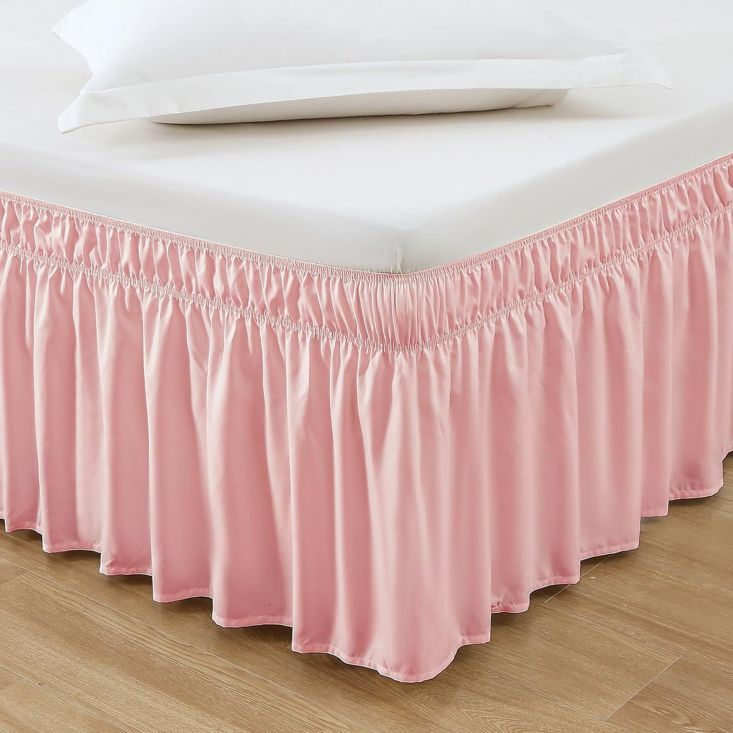 MEILA Wrap Around Bed Skirt Three Fabric Sides Elastic Dust Ruffled 18 Inch Tailored Drop,Easy to Install Fade Resistant-Pink, Queen/King