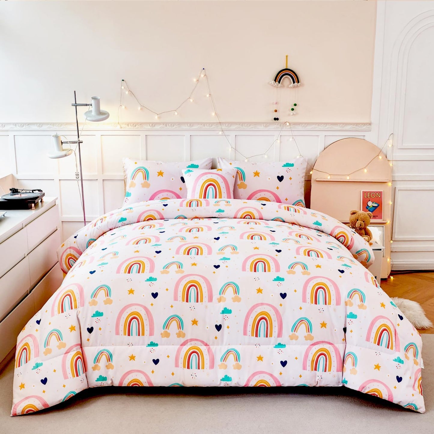 ANGIYUIN 6 Pieces Multi-Color Rainbow Full Bedding Set for Girls Kids Cute Cloud and Love Hearts Girls Comforter Set Soft Microfiber Kid Bed in a Bag with Comforter, Sheets, Pillowcases
