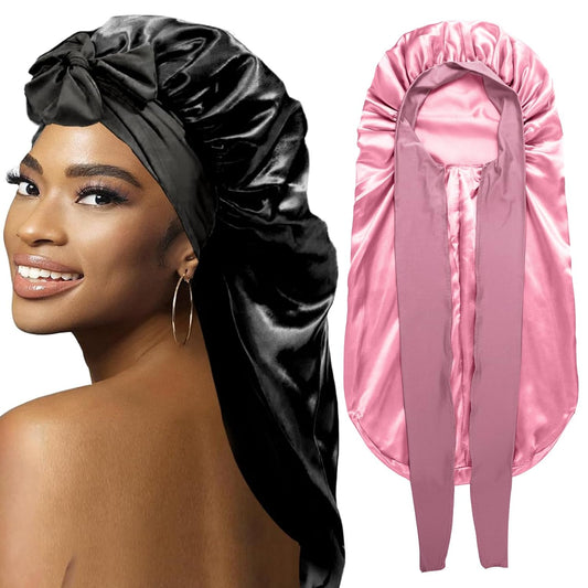 2Pcs Bonnets for Black Women Braid Bonnet, Large Long Satin Bonnet for Braids, Silk Bonnet with Stretchy Tie Band Sleep Cap Hair (2Pcs-Black&Rose Pink)