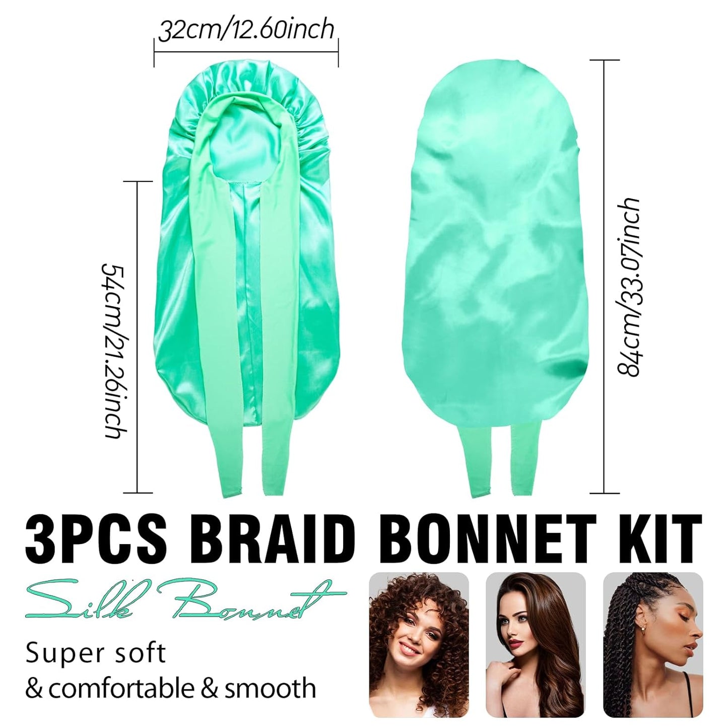 3Pcs Bonnets for Black Women Braid Bonnet, Large Long Satin Bonnet for Braids, Black Women Satin Silk Bonnet with Stretchy Tie Band Sleep Bonnet Cap for Long Curly Hair (Green & Black Pattern & Brown)
