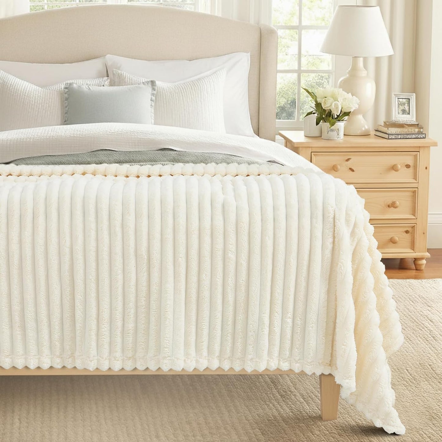 decorUhome Christmas Soft Fleece Cream White Blanket King Size for Bed, Cozy Fluffy Plush Flannel Large Striped Throws for Couch Sofa, Lightweight Decorative Fuzzy Blanket for Woman, 108x90 Inches