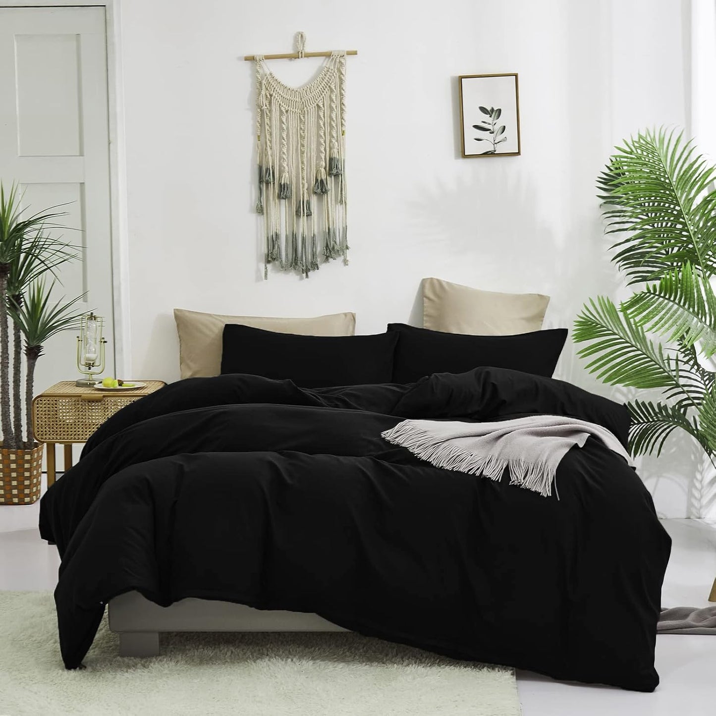 Cottonight Black Comforter Set Queen Men All Black Bedding Set Blanket Quilts Soft Breathable Pure Dark Color Lightweight Bedding Comforter Queen Size Adults Teens