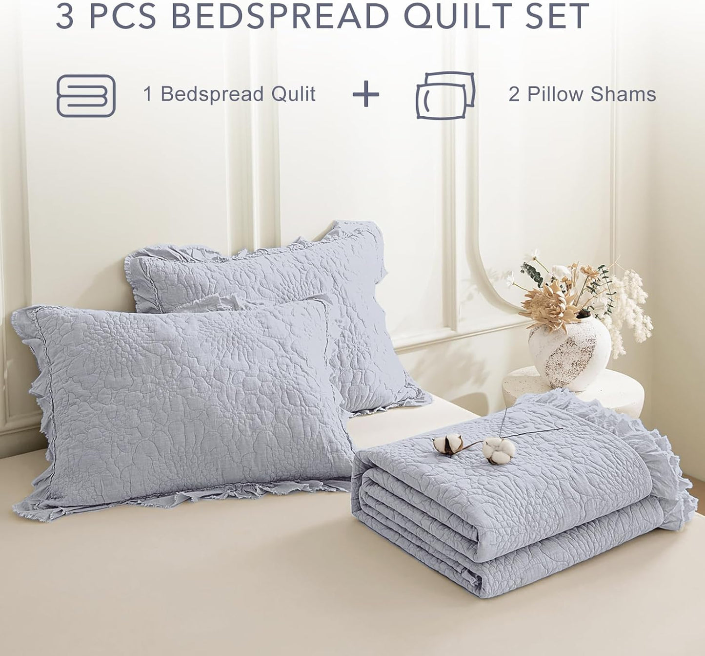 QSH Cornflower Blue Stonewashed Cotton Oversized King Quilt Bedspread Set(128"x120"),3PCs Farmhouse Ruffle Bedspread California King,Ultra Soft Lightweight Crinkle Quilt Coverlet with Pillow Shams