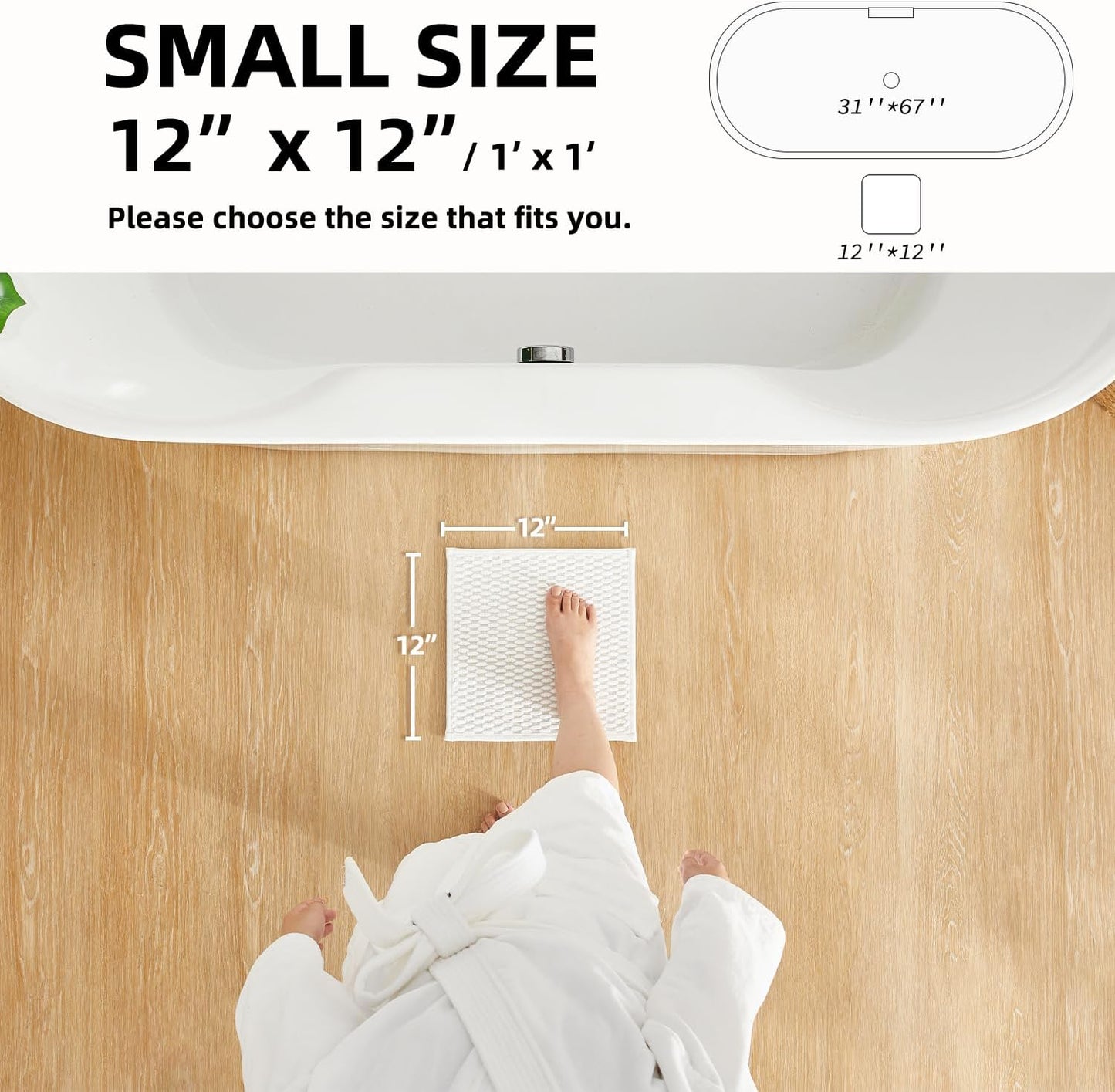 Small Bathroom Rugs, Non Slip Washable Bath Rugs Super Absorbent Bathroom Rug Thin Quick Dry Low Pile Bath Mats, White 12"x12"