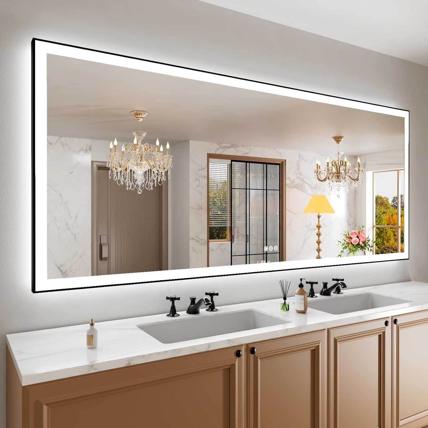 Amorho 88"x 38" LED Bathroom Mirror with Black Frame, Front Light and Backlit(Controlled Separately), Stepless Dimmable, Anti-Fog, Shatter-Proof, 3 Colors, Memory