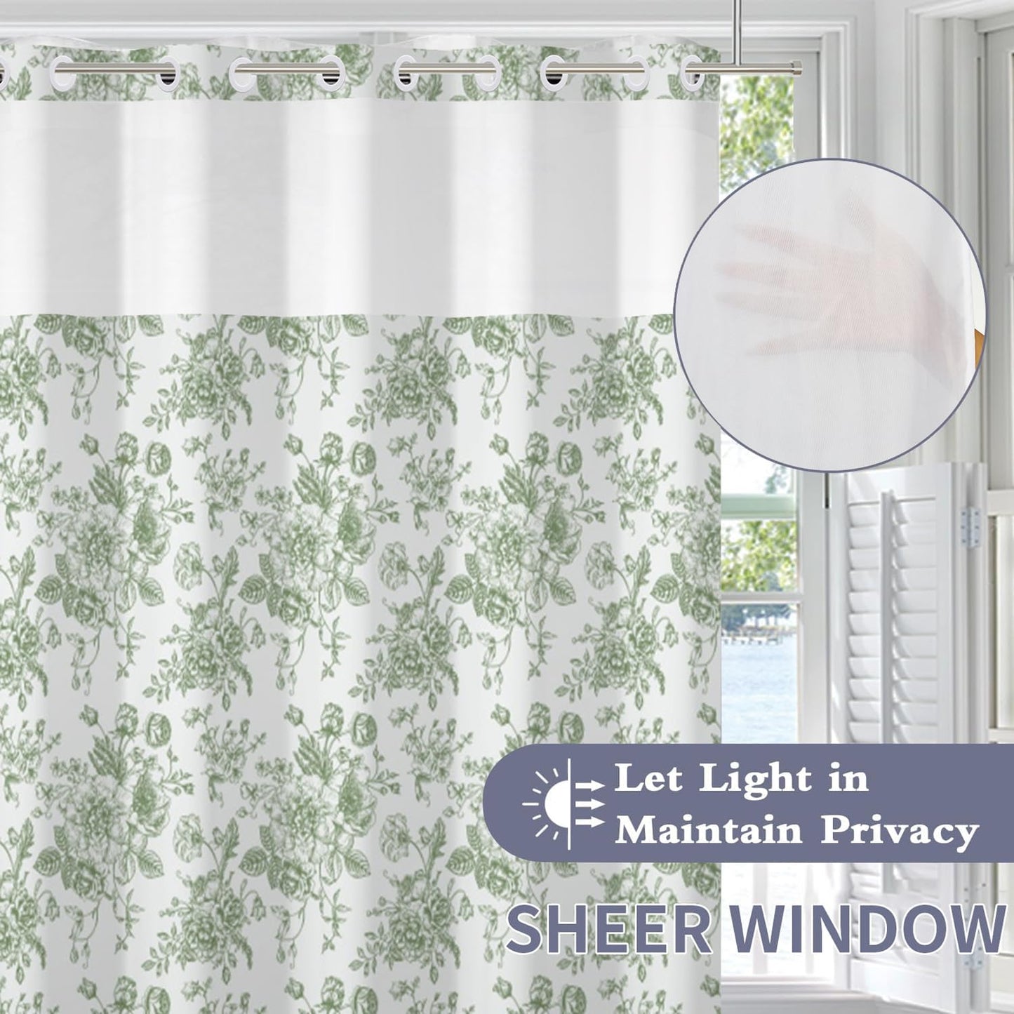 Floral Shower Curtain No Hooks with Snap in Fabric Liner Set,Spring Farmhouse Shower Curtain Hotel Bathroom Decor,with See Through Top Window,Green Flowers Fabric Waterproof,71x74 Inch