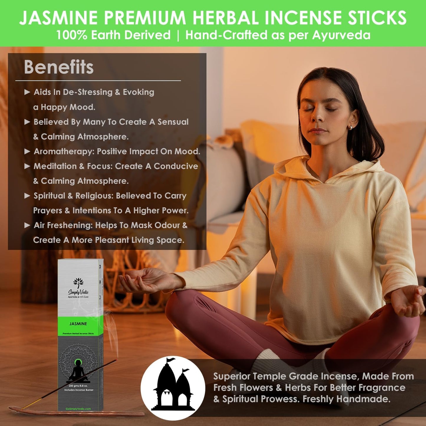 Simply Vedic Jasmine Incense Sticks – 250g Pack (Approx. 135 Handmade Sticks + Incense Holder) | 45-Minute Burn | Natural Essential Oils for Meditation, Yoga, Aromatherapy & Spiritual Use