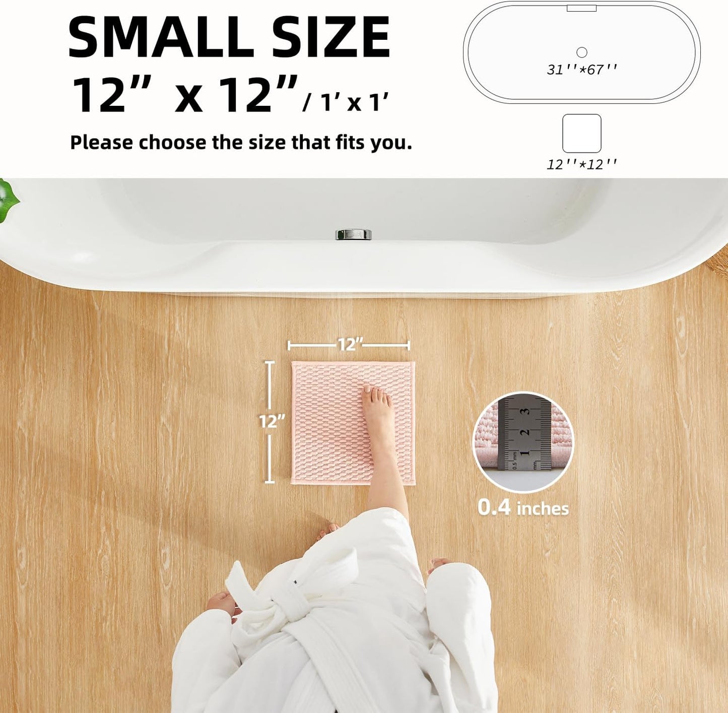Small Bathroom Rugs, Non Slip Washable Bath Rugs Super Absorbent Bathroom Rug Thin Quick Dry Low Pile Bath Mats, Pink 12"x12"