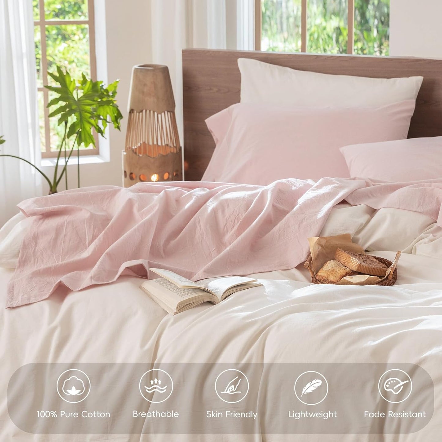 MooMee Bedding Sheet Set 100% Washed Cotton Linen Like Textured Breathable Durable Soft Comfy (Heathered Greyish Pink, King)