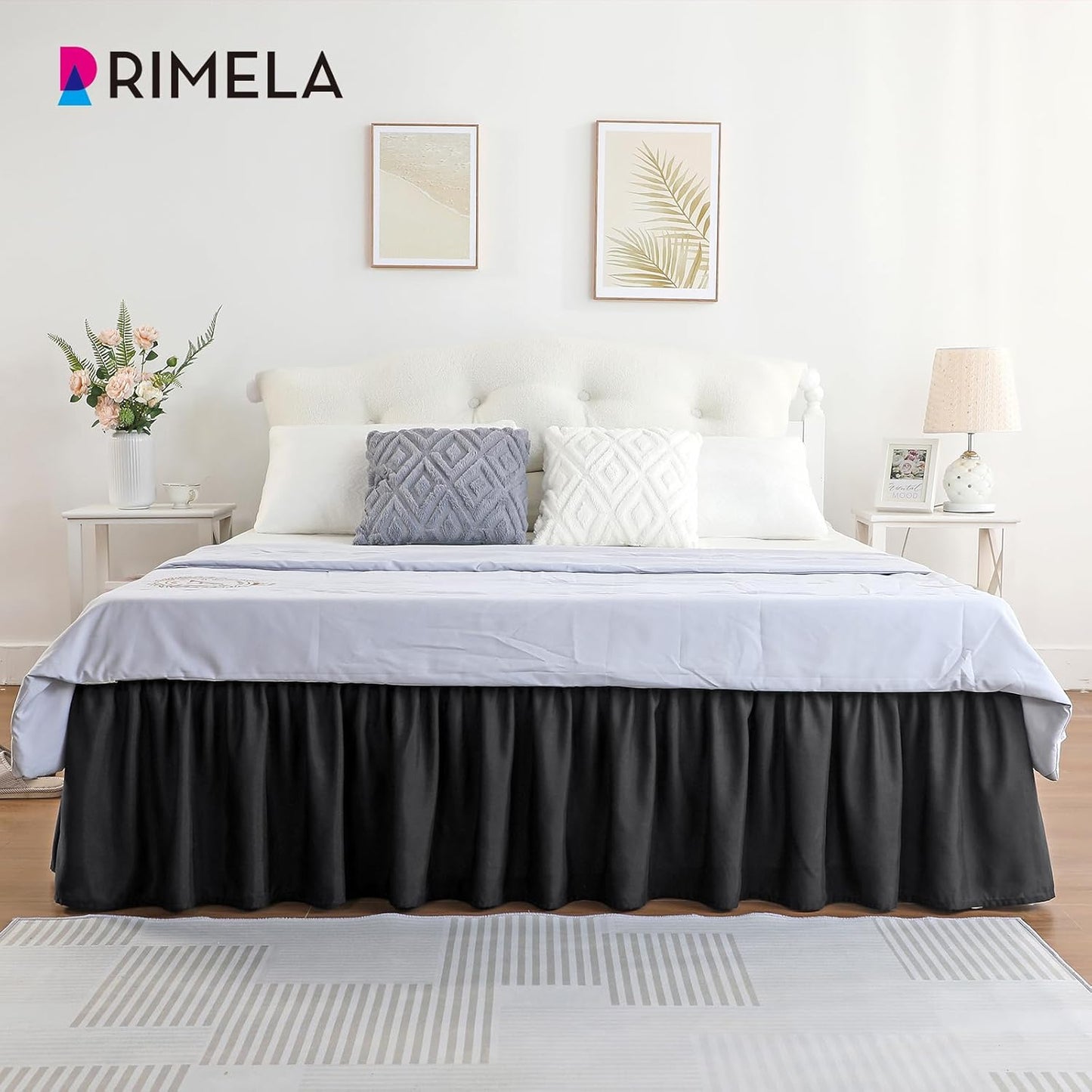 RIMELA Black Bed Skirt King Size 15 Inch Drop, Elastic Bed Skirting for Bed Base and Frame, Bedding Dust Ruffle Easy to Install, Lightweight Wrap Around Adjustable Bedskirt