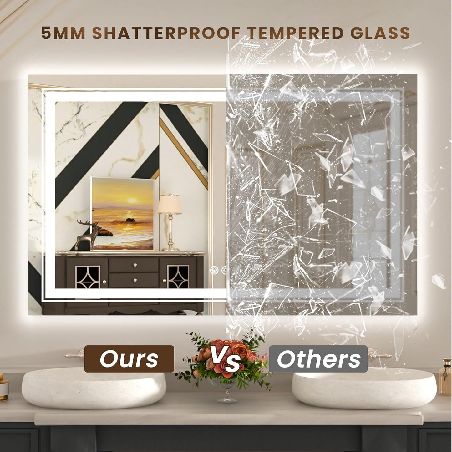 WTTY LED Bathroom Mirror 48"x40" with RGB Backlit and Front Light,Stepless Dimmable LED Mirror for Bathroom,Colored Lighted Bathroom Vanity Mirror,Anti-Fog,Memory Function,Shatter-Proof