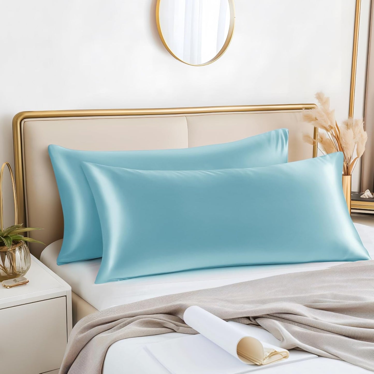 BEDELITE Satin Body Pillow Cover 2 Pack, Super Soft and Cooling Body Pillow Pillowcase for Hair and Skin, Breathable Silky Full Long Pillowcase Cover(20"x54", Blue)