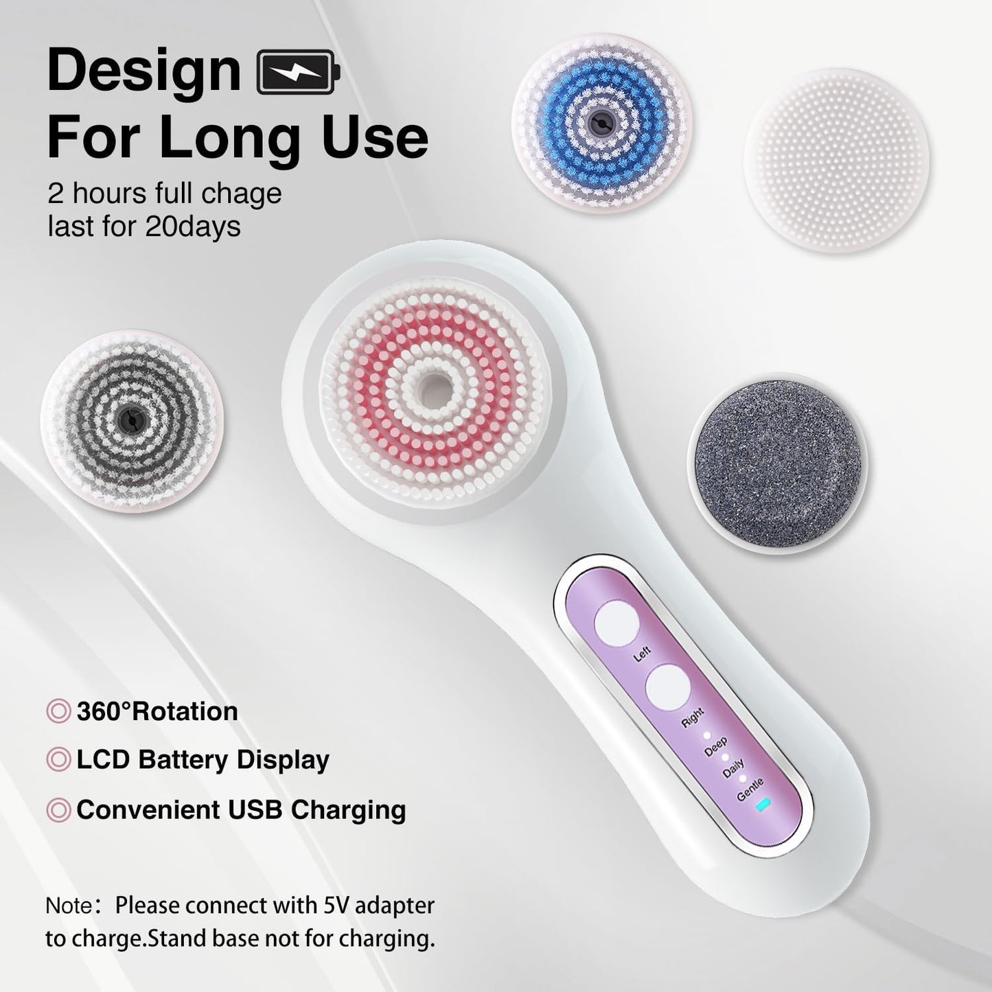 Face Scrubber Exfoliator, Rechargeable Facial Cleansing Brush with 2-Way Rotation & 3 Modes, 30-Day Runtime, 5 Brush Heads for SPA-Level Care, IPX7 Waterproof, Deep Cleaning for All Skin Types