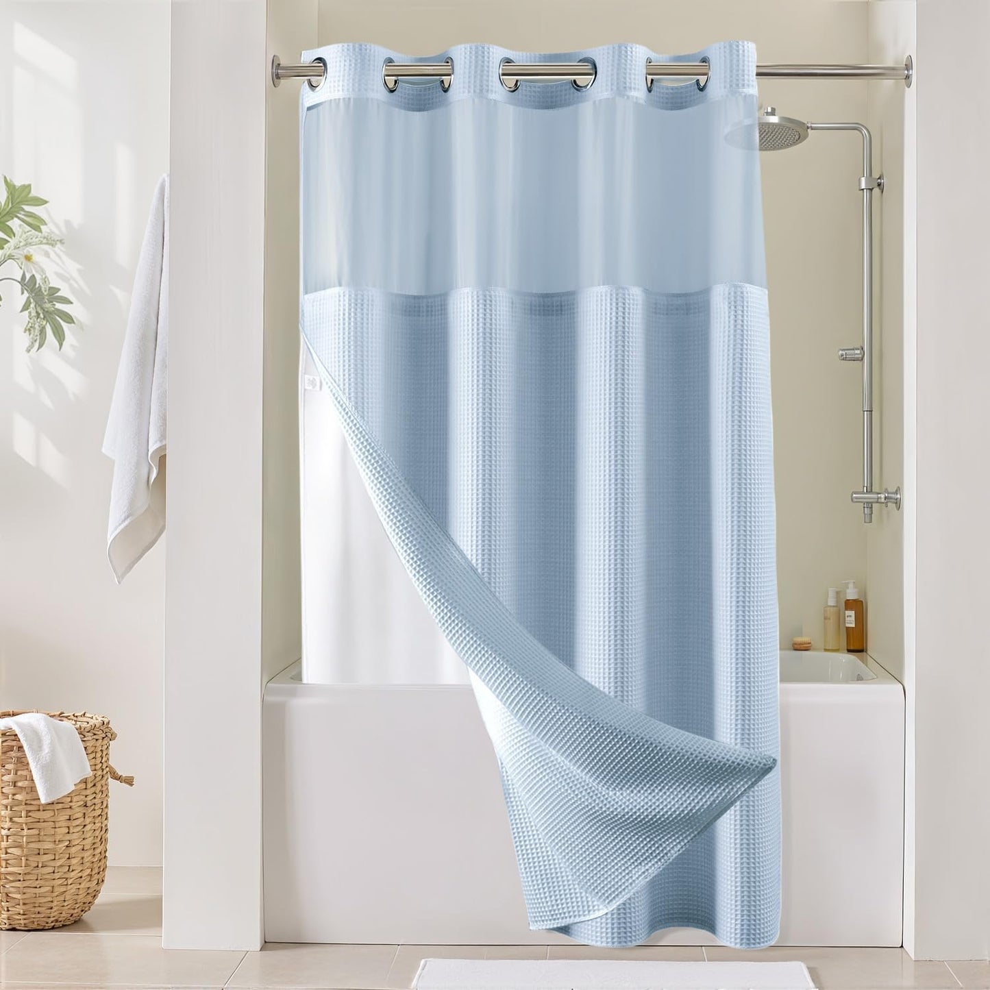 River Dream Misty Blue Fabric Shower Curtain Set, Cotton Blend, Waffle Weave, with Snap in Replacement Liner，54 x 80 inches