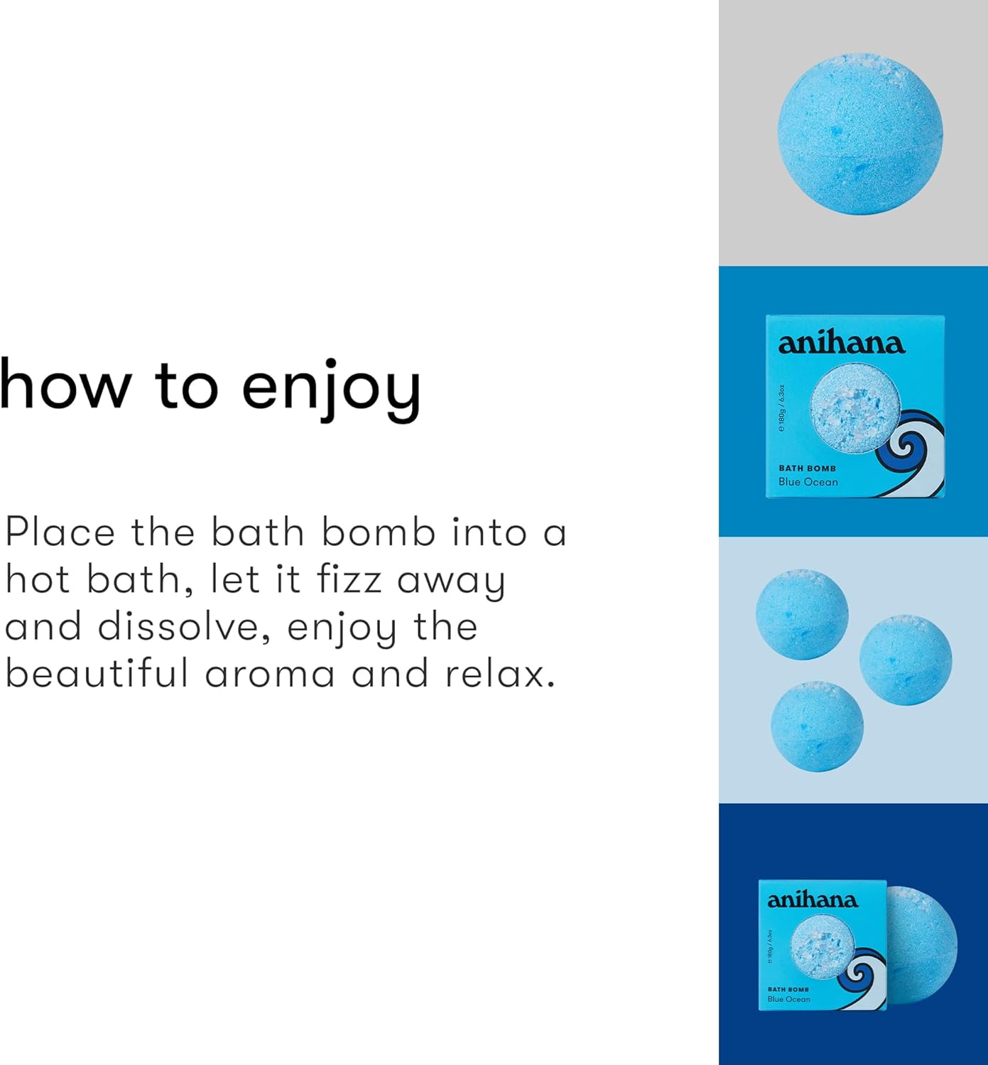 ANIHANA Bath Bombs with Coconut Oil, Paraben Free, Hand-Crafted Luxury Fizzers, Refreshing Blue Ocean Scent, 6.3 oz Each, 3 Pack