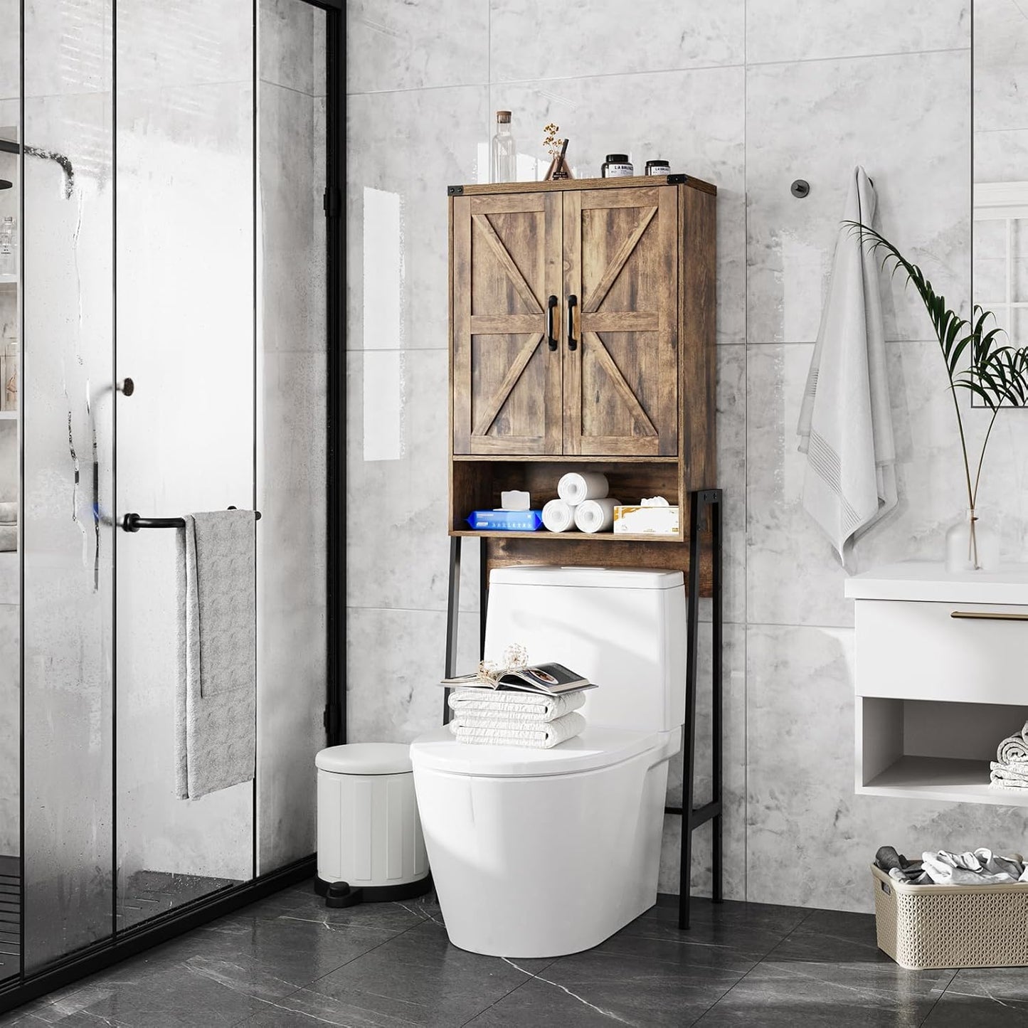 Over The Toilet Storage Cabinet with 2-Door Design Bathroom Organizers and Storage with Anti-Tip Device Over Toilet Organizer with Shelves for Bathroom,Restroom,Laundry Brown