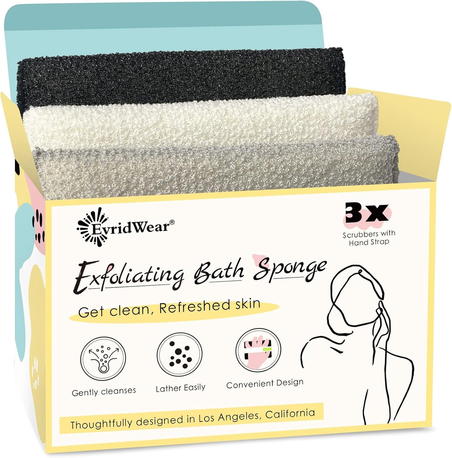 Evridwear Exfoliating Bath Sponge, Daily Skincare Body Scrubbers Loofah Shower Pads with Strap for Body Cleansing, Dead Skin Cell Remover, 3 Count Value Pack(Classical)