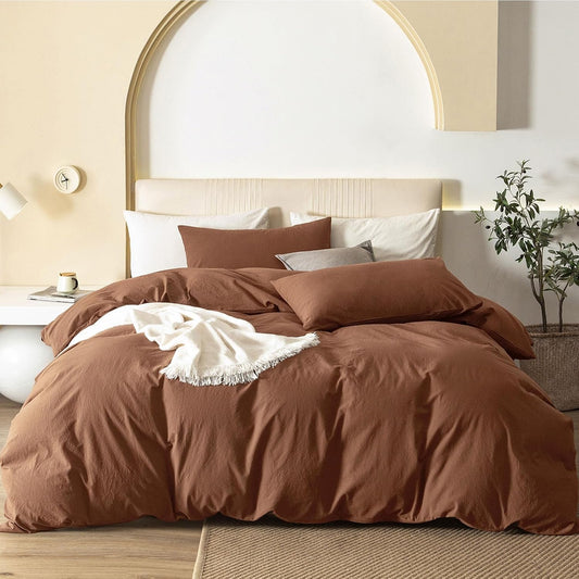 JIYUAN 100% Washed Cotton Duvet Cover Set 3 Pieces Super Queen, 1 Duvet Cover 90x98 Inches(Comforter Not Included) and 2 Pillowcases,Linen Feel Bedding Set Comfy and Breathable,Burnt Orange