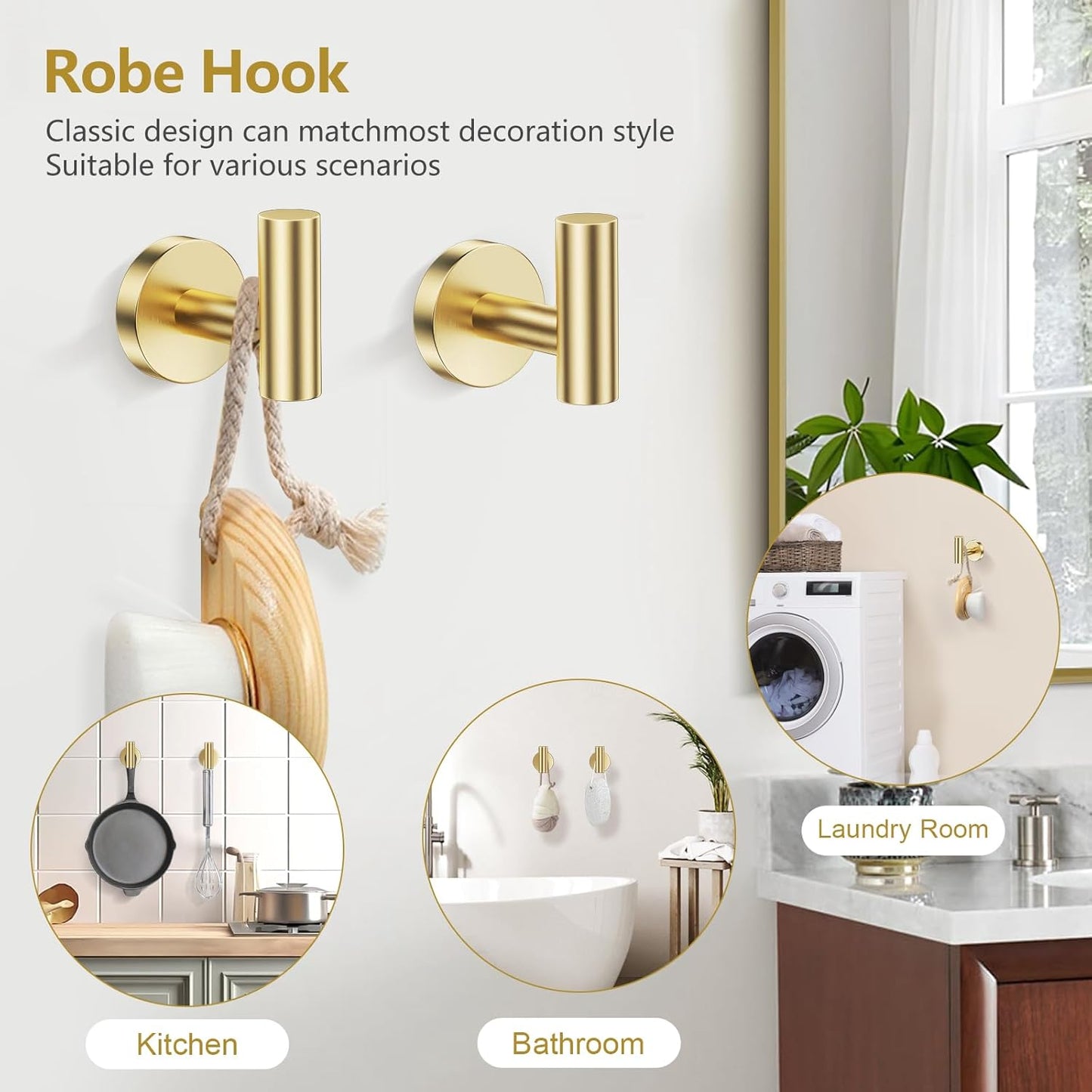TQKAG Brushed Gold 5 Piece Bathroom Hardware Accessories Set 23.6" SUS304 Stainless Steel Bathroom Towel Bar Holder Sets Double Post Pivoting Toilet Paper Holder Set Wall Mounted