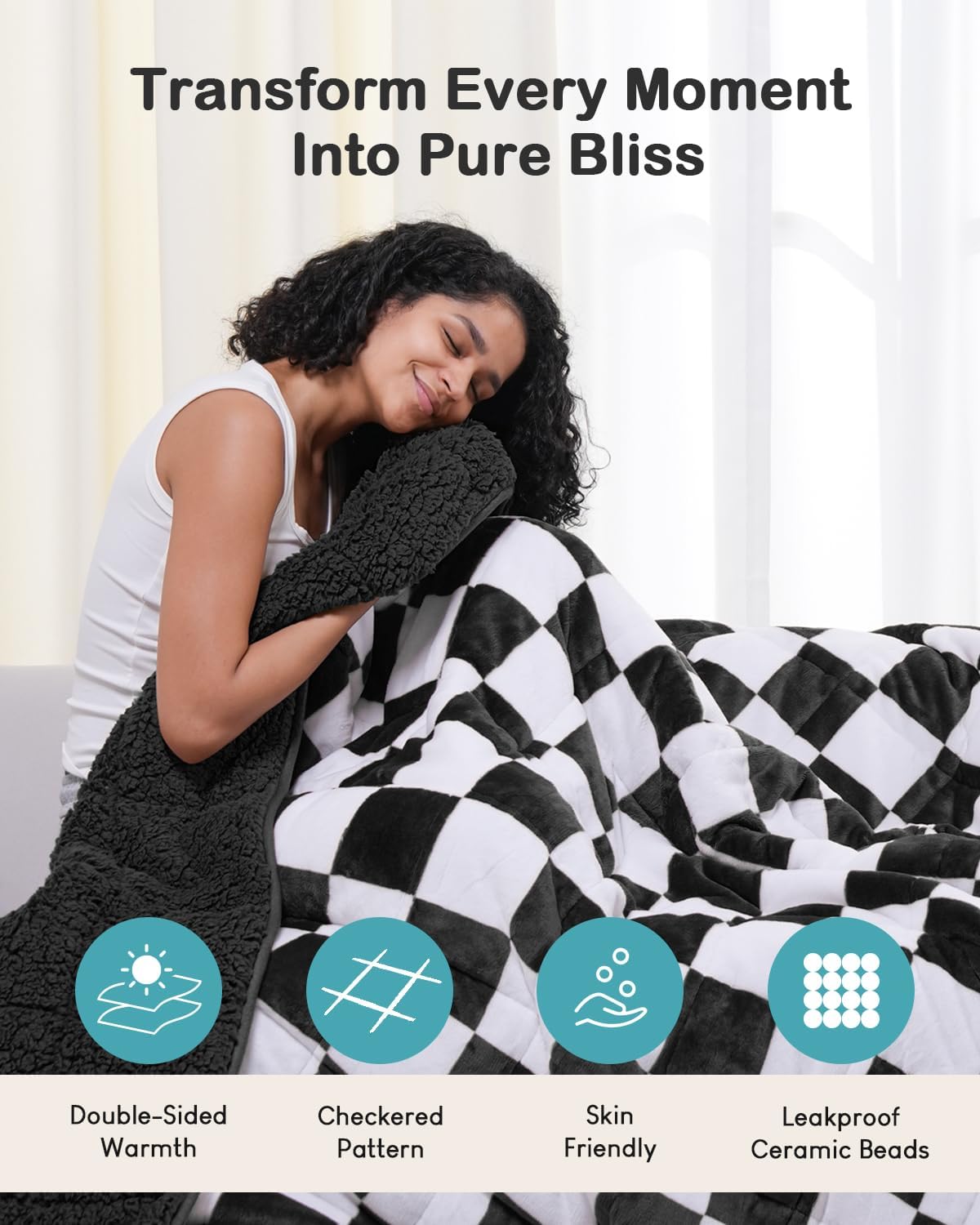 Cottonblue Weighted Blanket for Adults Queen Size 15lbs, Soft Sherpa Flannel Checkered Weighted Blankets, Fluffy Fuzzy Fleece Bed Heavy Blankets for Calming and Relax, Plaid Black, 60" x 80"