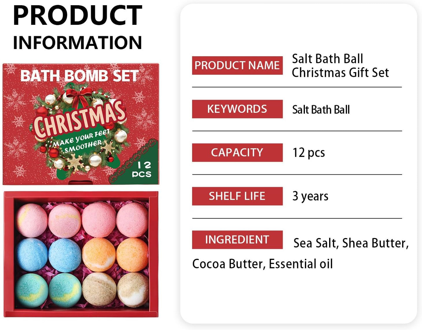 12-Pack Bath Bomb Set for Men & Women, Christmas Aromatherapy Spa Bombs with Essential Oils, Giftable Bath Essentials for Relaxation & Self Care
