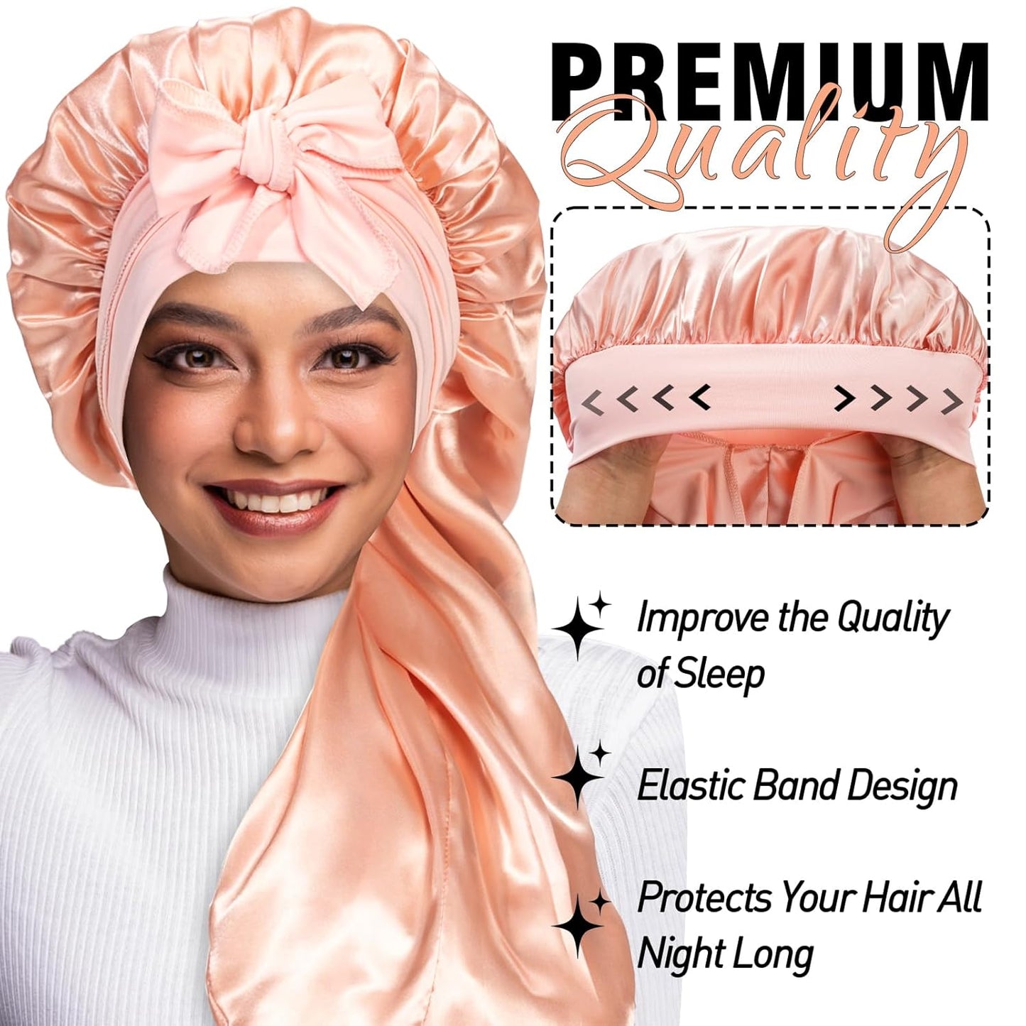 2Pcs Bonnets for Black Women Braid Bonnet, Large Long Satin Bonnet for Braids, Silk Bonnet with Stretchy Tie Band Sleep Cap Hair (Black&Champagne Gold)