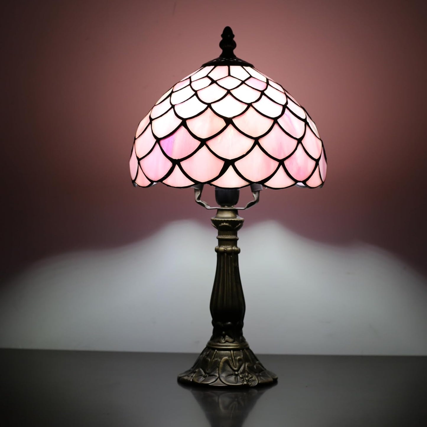 Tiffany Table Lamp for Bedroom Bedside Nightstand Table Lamps for Living Room 3 Way Color Temperatures Stained Glass Table Lamp 8X8X15 Inch Home Office Reading Desk Lamp (Pink Fish Scales)