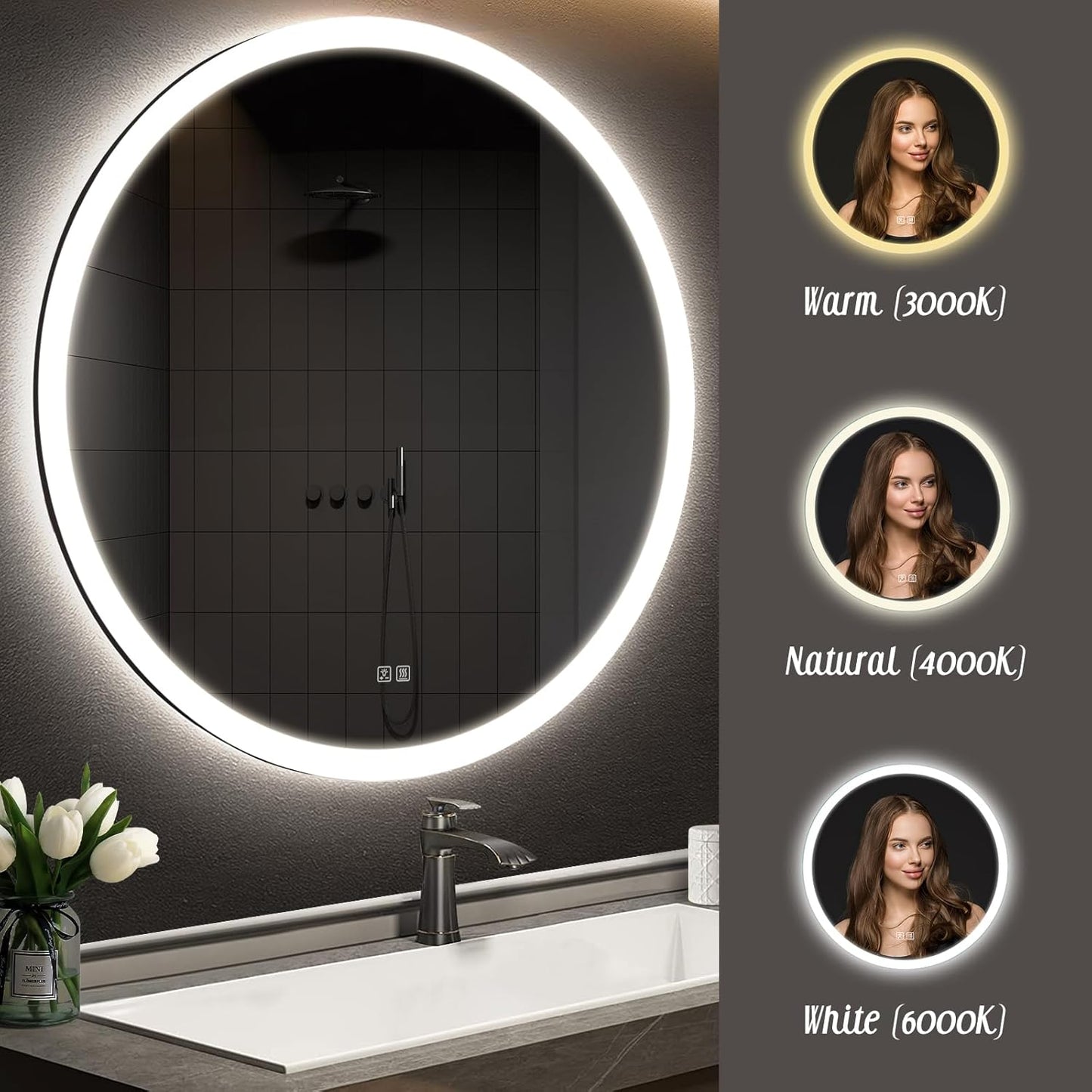 APRILSOUL 28 Inch Round LED Bathroom Vanity Mirror with Front and Backlit, Led Mirror with Anti-Fog, 3 Colors and Dimmable Light