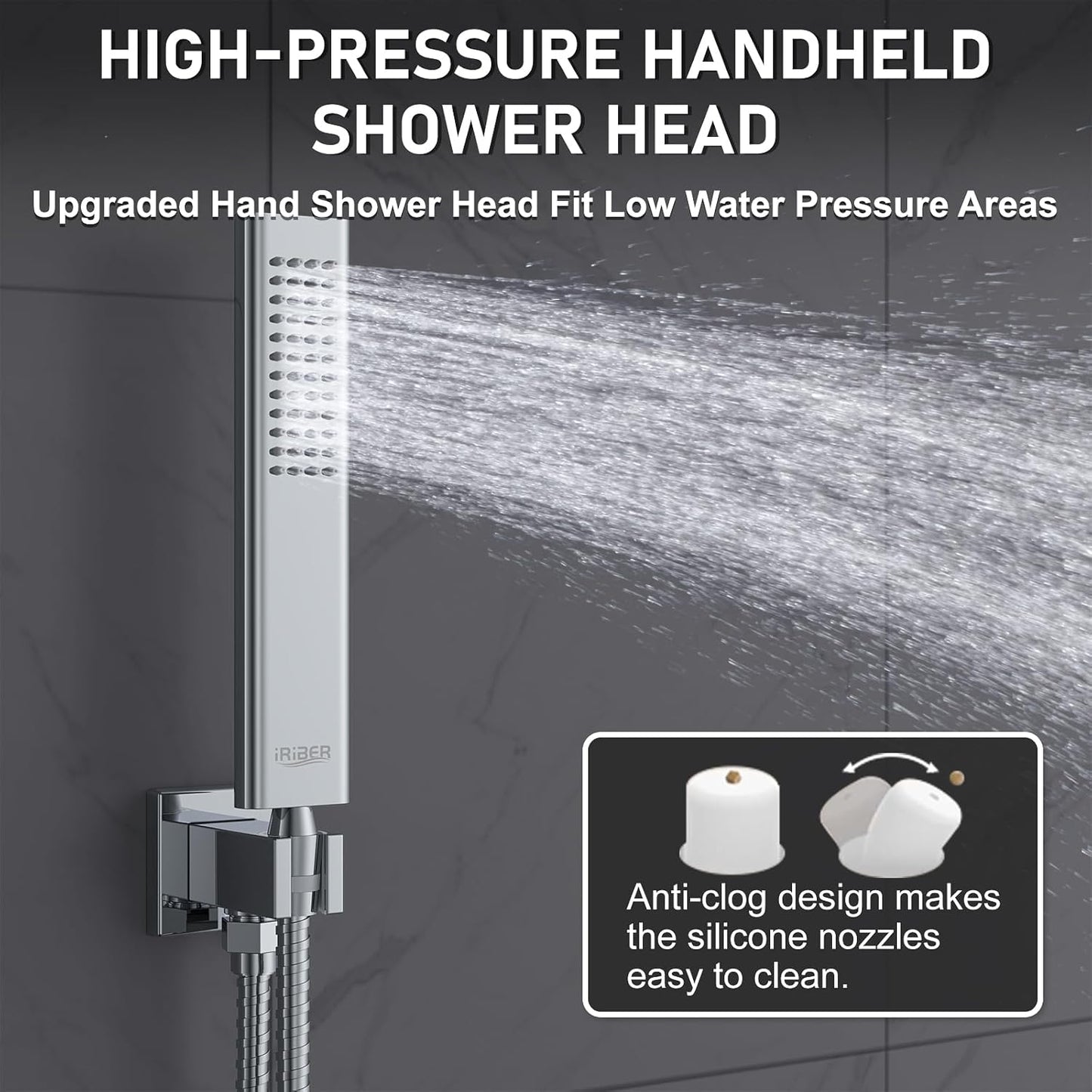 Iriber 12 Inch Bathroom Shower System Polish Chrome Wall Mounted Square Mixer Shower Faucet Combo Set with Hand Held Rough-in Valve Rainfall Shower and Trim