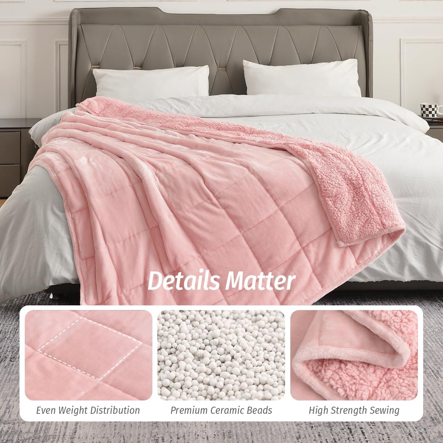 Wemore Sherpa Fleece Weighted Blanket for Adult, 15 lbs Dual Sided Cozy Fluffy Heavy Blanket, Ultra Fuzzy Throw Blanket with Soft Plush Flannel Top, 60 x 80 inches Pink on Both Sides