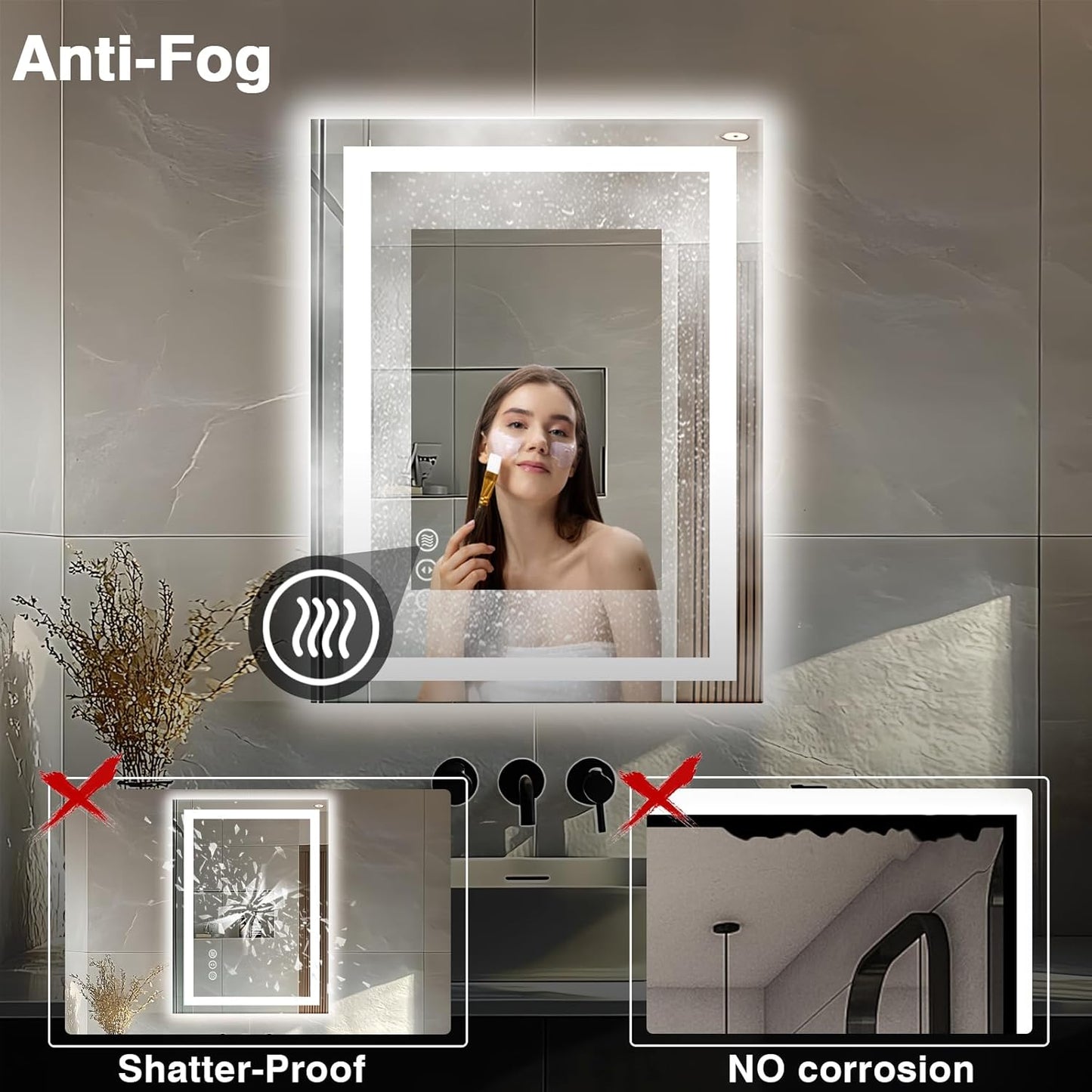 24"x32" LED Bathroom Mirror - Front & Backlit, Anti-Fog Vanity Mirror with Dimmable Lights, 3 Colors Smart Mirror (Horizontal/Vertical)