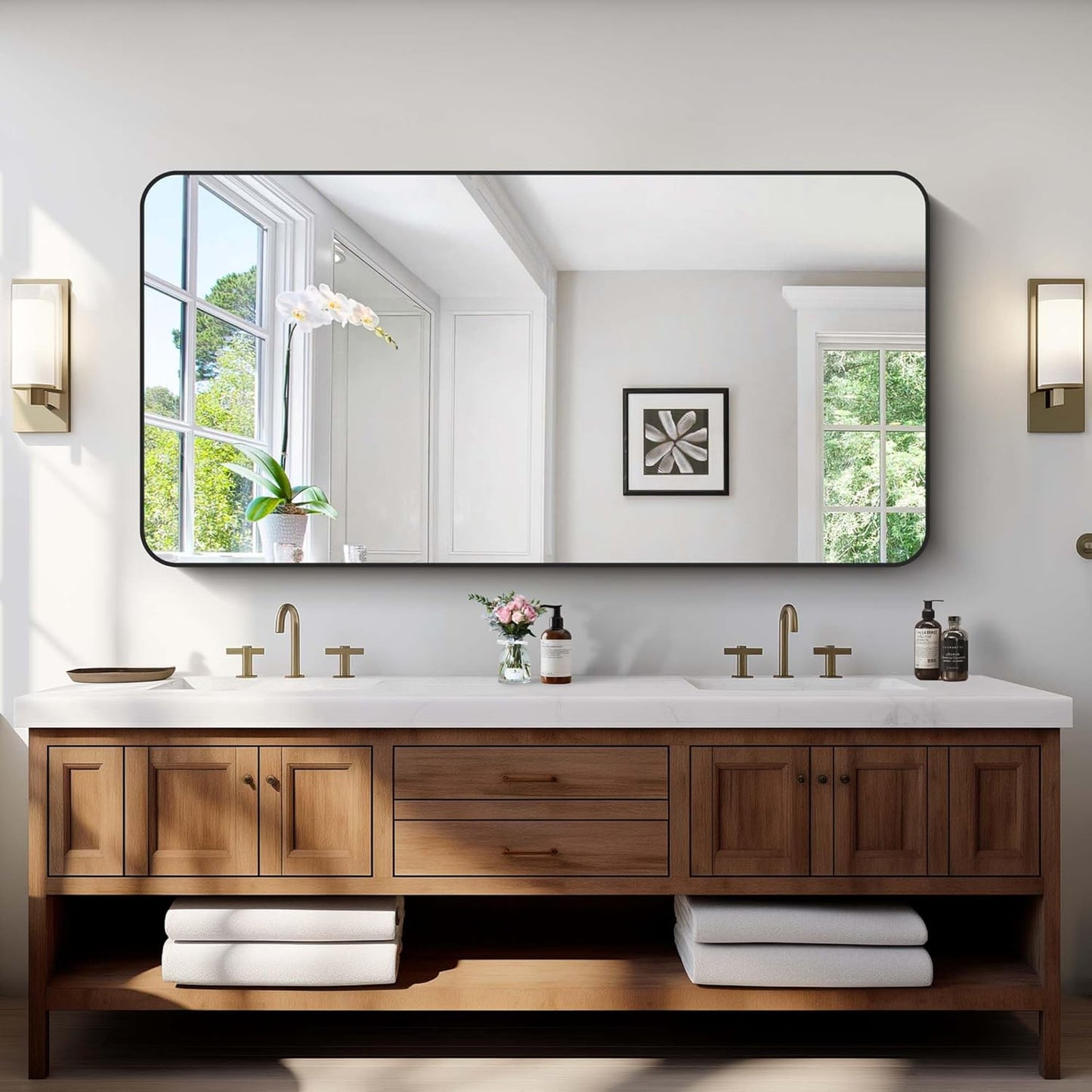 Bathroom Mirror, 60 x 30 inch Black Rectangle Wall Mirror, Metal Frame Rounded Corner Vanity Mirror, Large Wall Mounted Mirrors for Over Sink Bedroom Living Room Horizontal Or Vertical Mounting