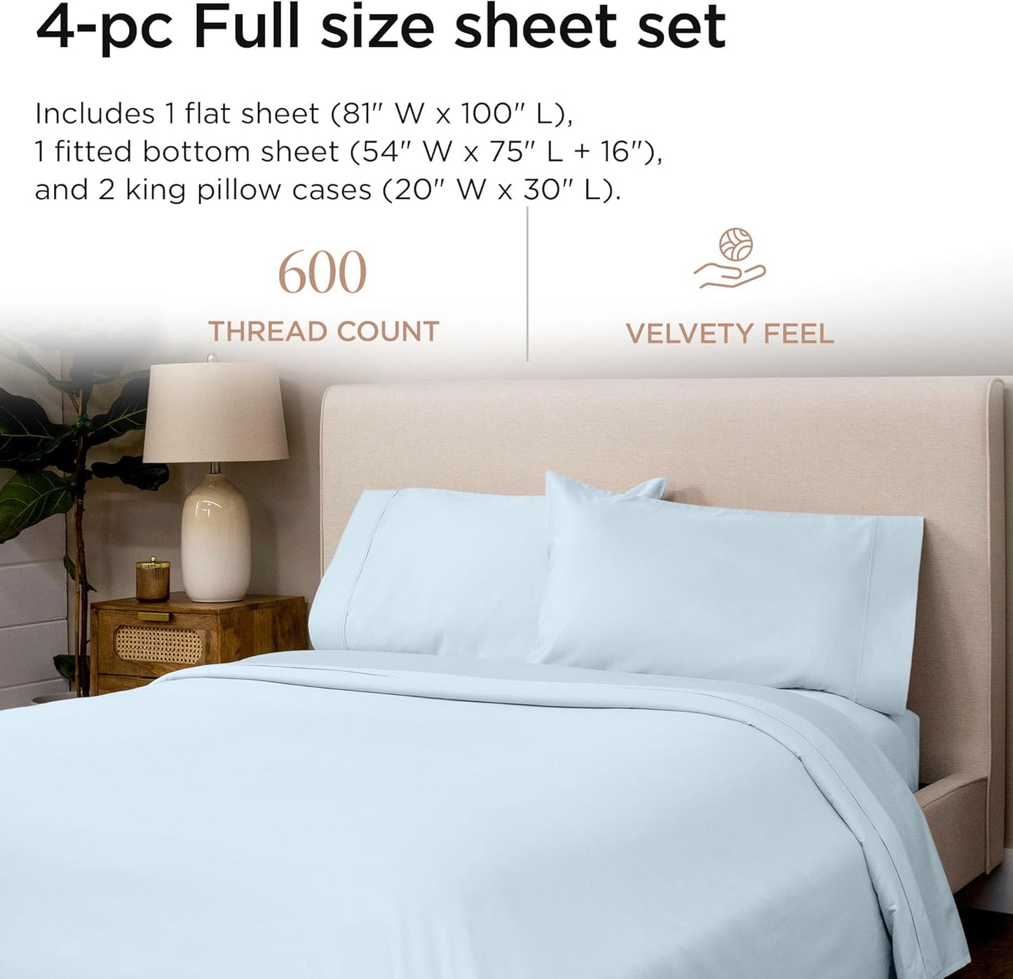 Threadmill 100% Cotton Sheets for Full Size Bed - 600 Thread Count Full Bed Sheets Set with 16” Deep Pocket - Sateen Weave 4-Piece Bedding Set with Cooling Effect, Blue
