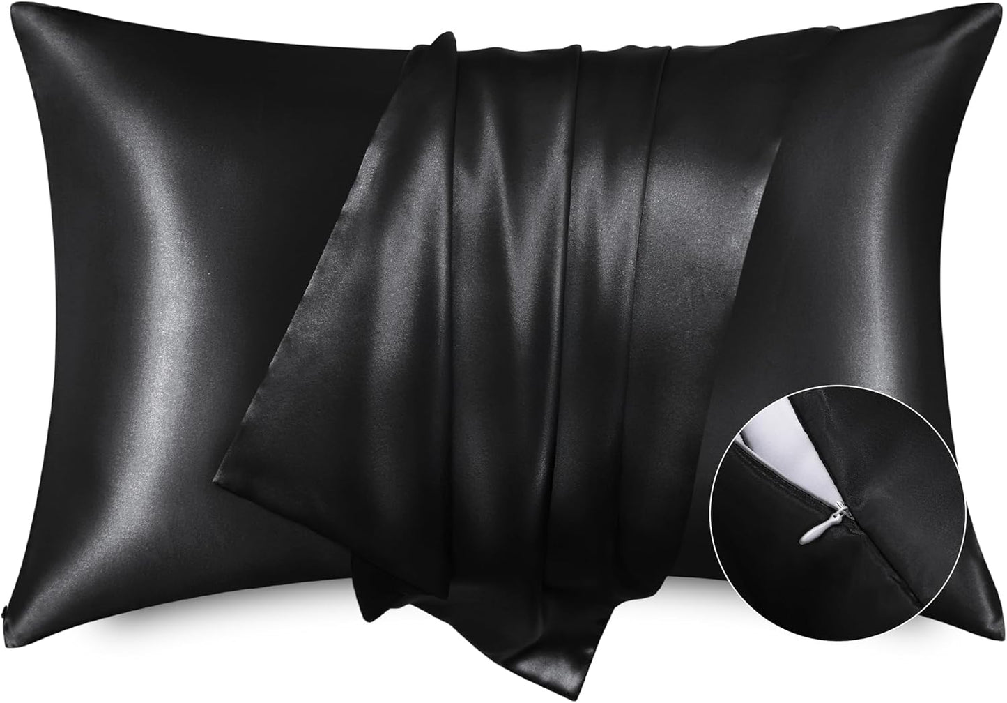 Bedsure Satin Pillowcase with Zipper, Similar to Silk Pillow Cases 2 Pack, Satin Pillow Cases Queen Size Set of 2, Silky & Soft Black Pillow Covers for Hair and Skin, Gifts for Women Men, 20x30 Inches
