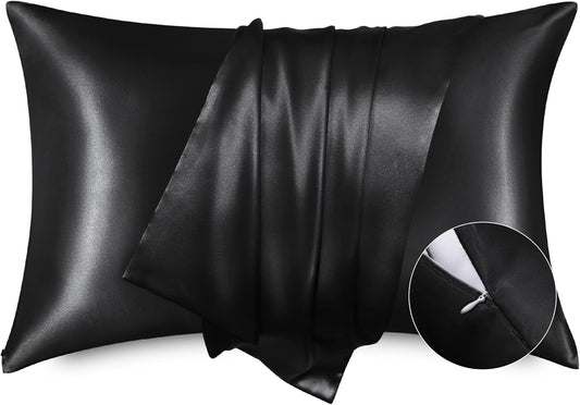 Bedsure Satin Pillowcase with Zipper, Similar to Silk Pillow Cases 2 Pack, Satin Pillow Cases Queen Size Set of 2, Silky & Soft Black Pillow Covers for Hair and Skin, Gifts for Women Men, 20x30 Inches
