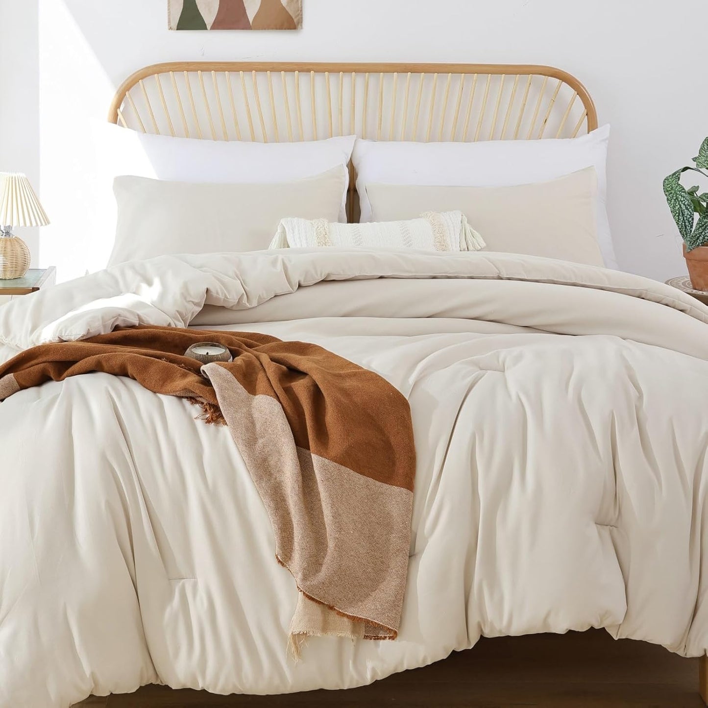 ROSGONIA California King Comforter Set Beige, 3pcs (1 Boho Cal King Comforter & 2 Pillowcases), All Season Bedding Soft Bedspread Blanket Quilt